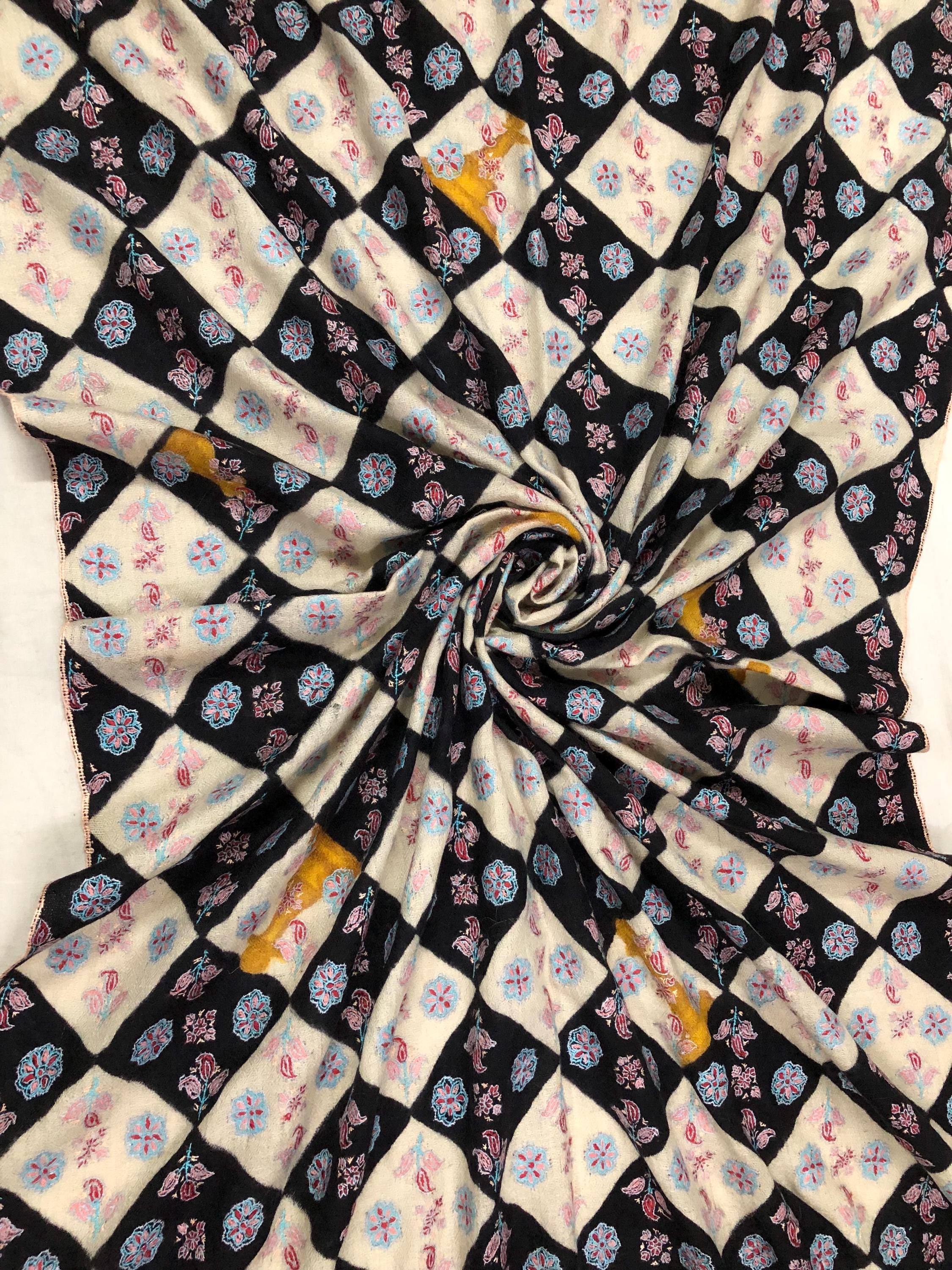 Black And White Hand Painted Chess Pattern With Elegant Floral Embroidery Handmade Real Cashmere Pashmina Stole - Mehraj Crafts 