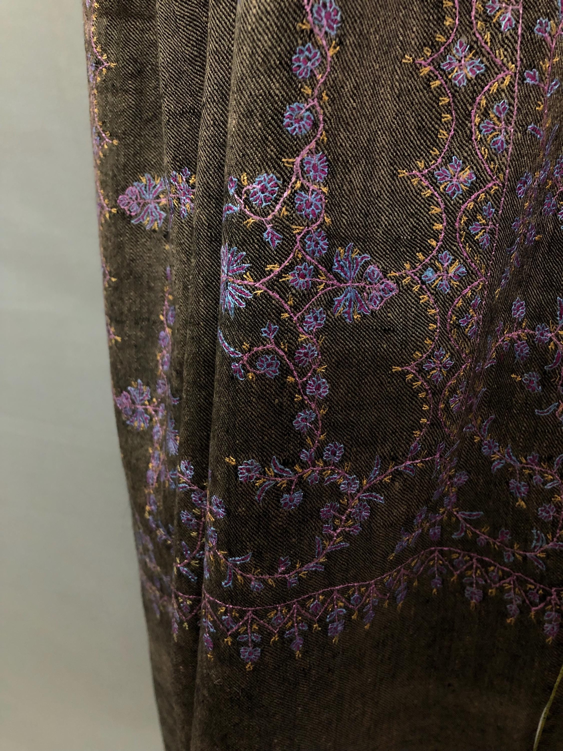 Black Mocha Superfine Hand Embroidered Modern Design Authentic Handwoven Real Cashmere Pashmina Stole - Mehraj Crafts 