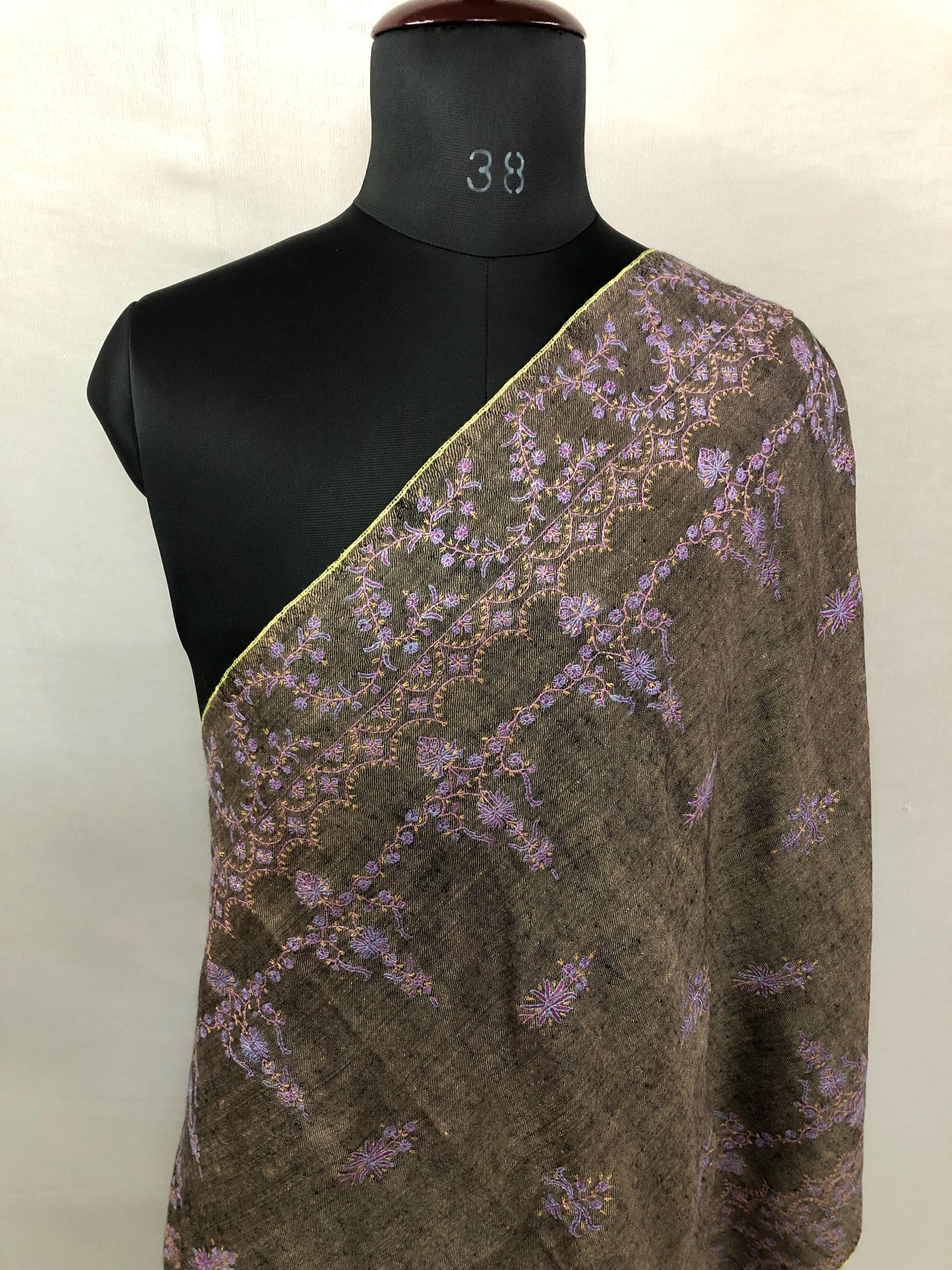 Black Mocha Superfine Hand Embroidered Modern Design Authentic Handwoven Real Cashmere Pashmina Stole - Mehraj Crafts 