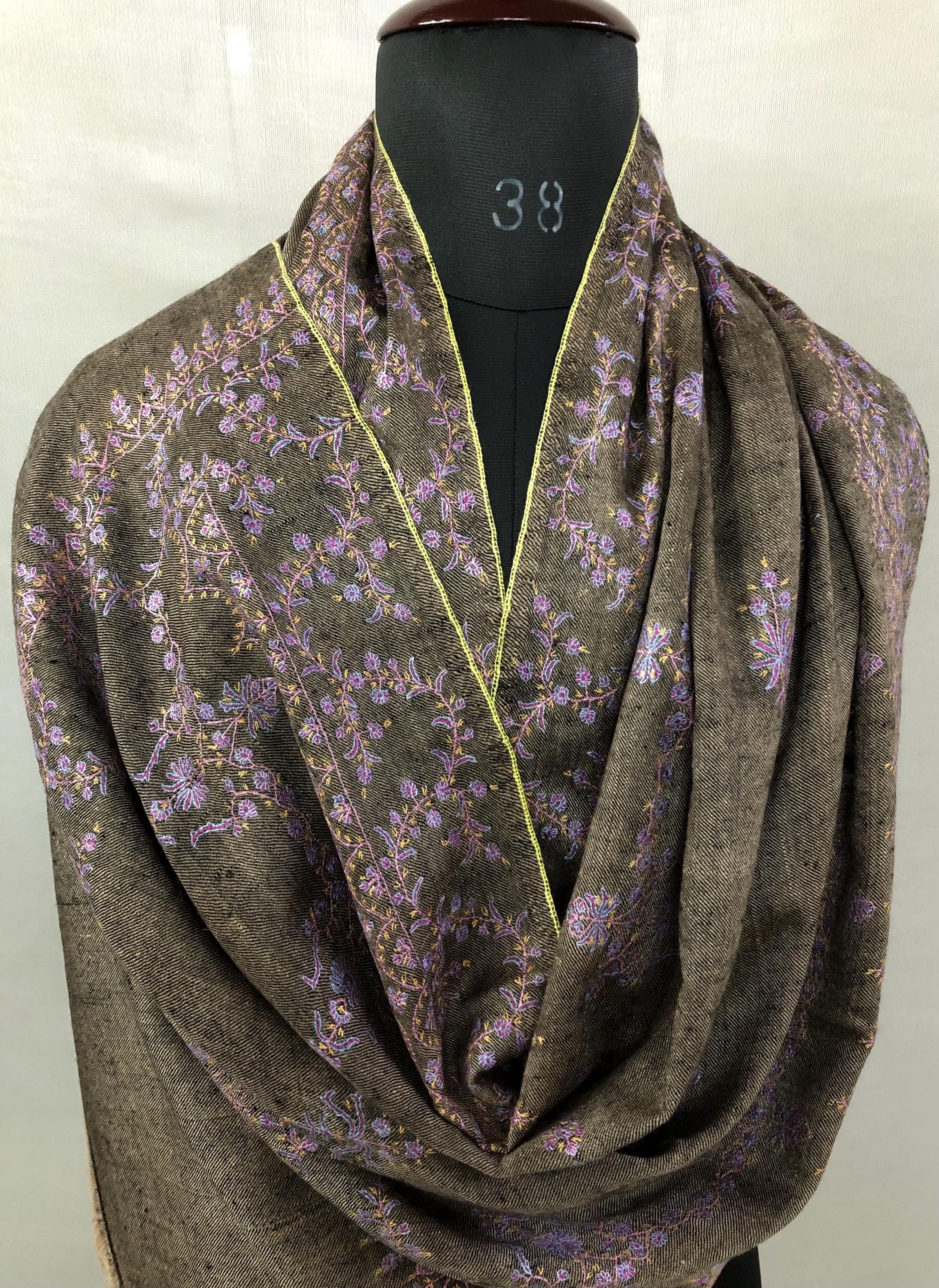 Handwoven Cashmere Pashmina Stole | Black Mocha, Hand Embroidered 70x202 cms