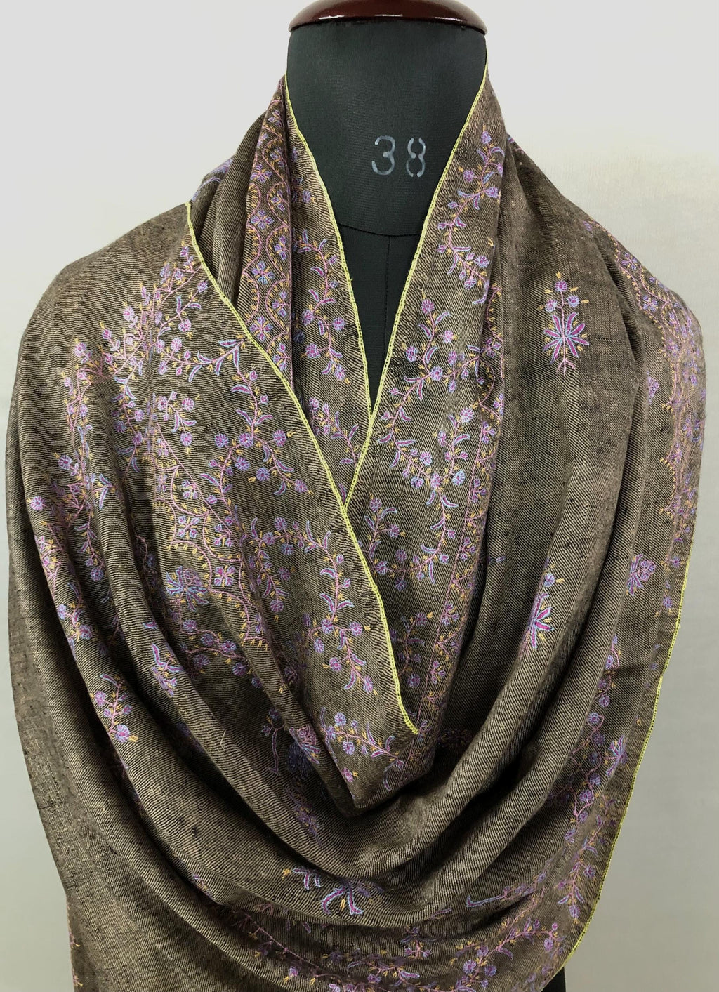 Black Mocha Superfine Hand Embroidered Modern Design Authentic Handwoven Real Cashmere Pashmina Stole - Mehraj Crafts 