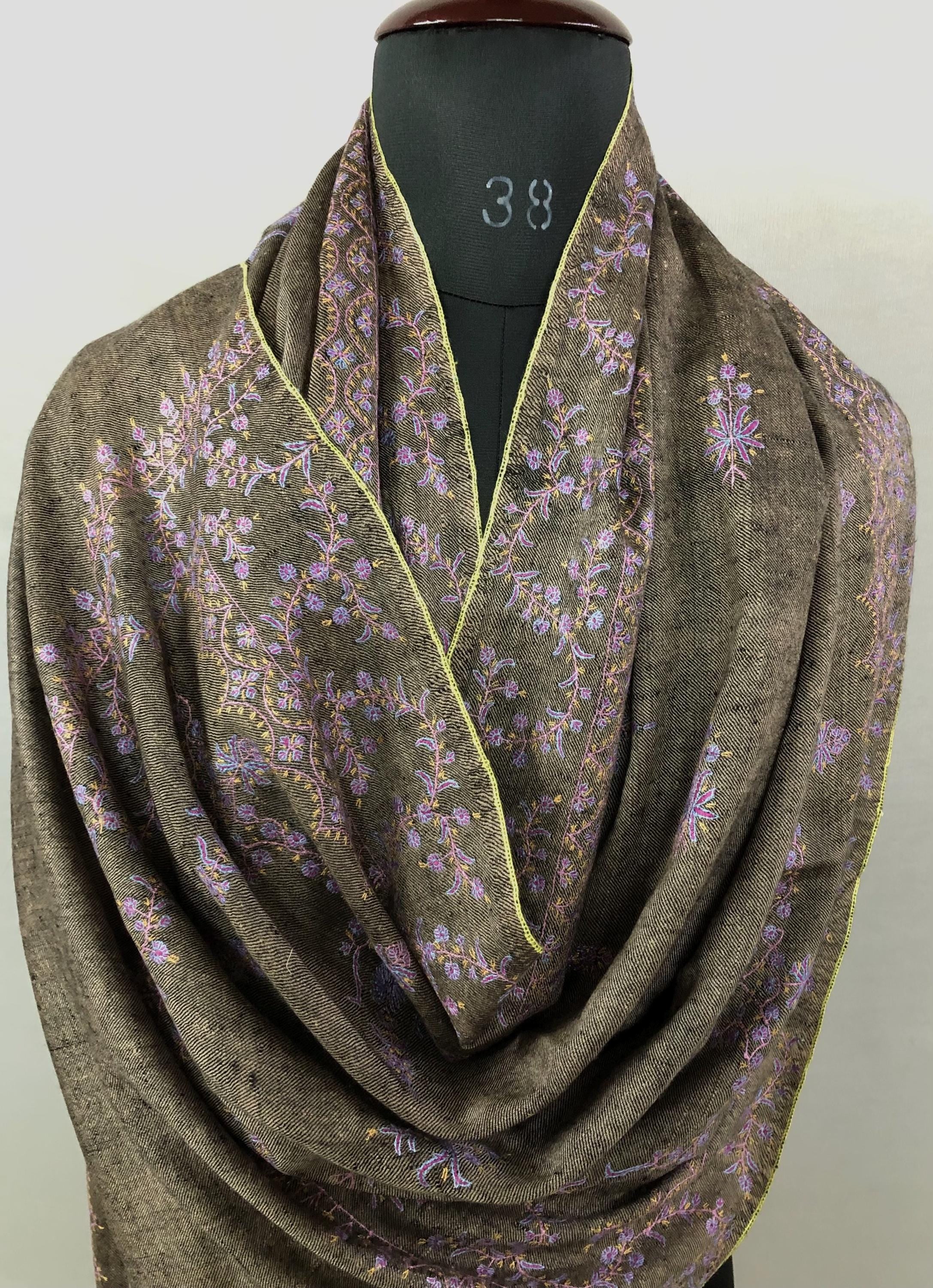 Black Mocha Superfine Hand Embroidered Modern Design Authentic Handwoven Real Cashmere Pashmina Stole - Mehraj Crafts 
