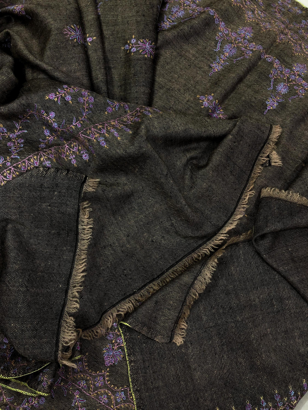 Black Mocha Superfine Hand Embroidered Modern Design Authentic Handwoven Real Cashmere Pashmina Stole - Mehraj Crafts 