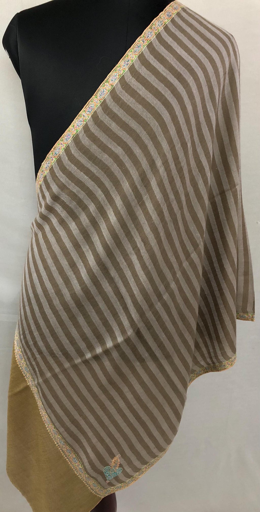Luxurious Handwoven Brown and Gray Striped Real Pashmina Stole with Superfine Sozni Embroidery Border - Mehraj Crafts 