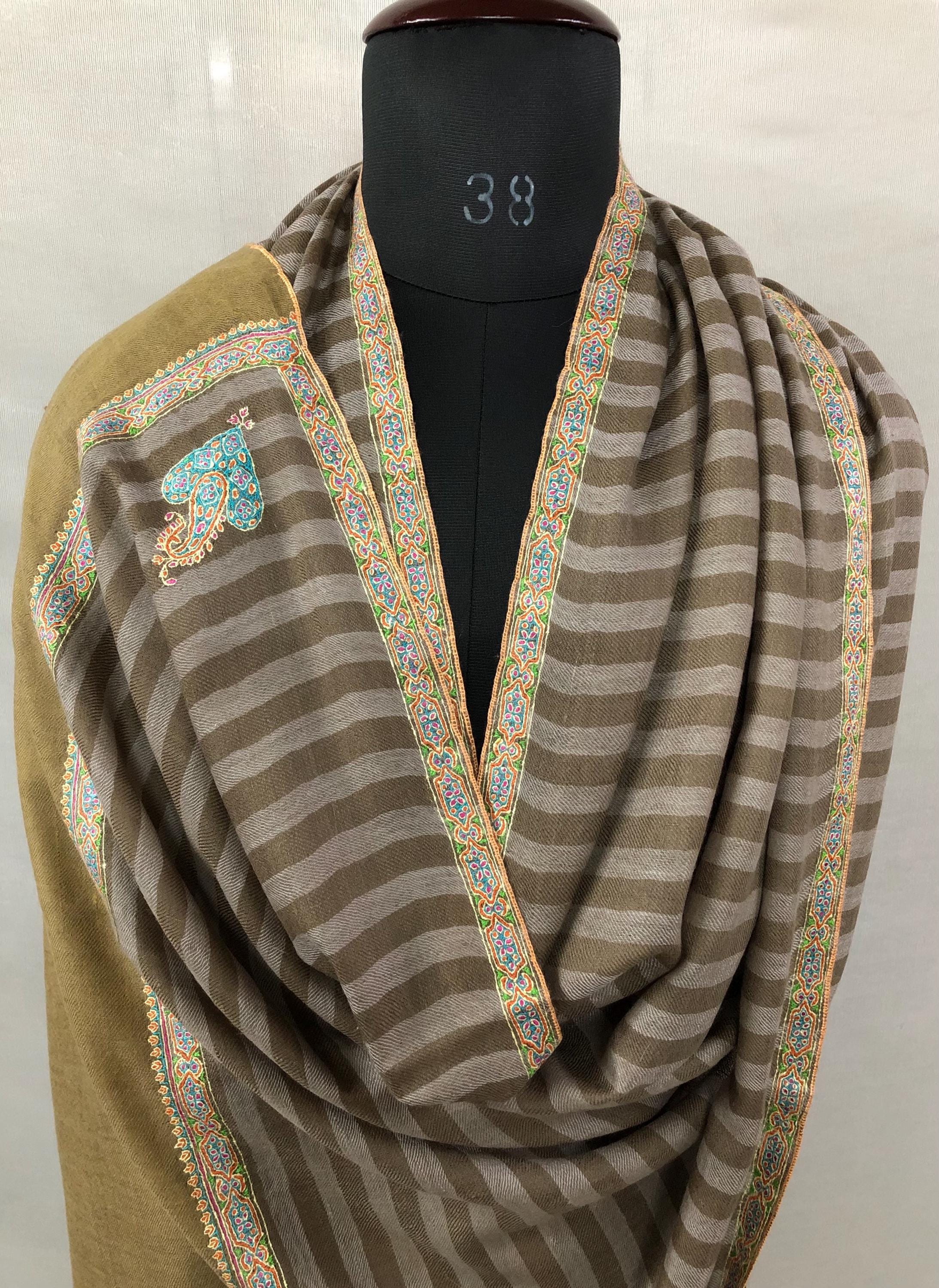 Luxurious Handwoven Brown and Gray Striped Real Pashmina Stole with Superfine Sozni Embroidery Border - Mehraj Crafts 