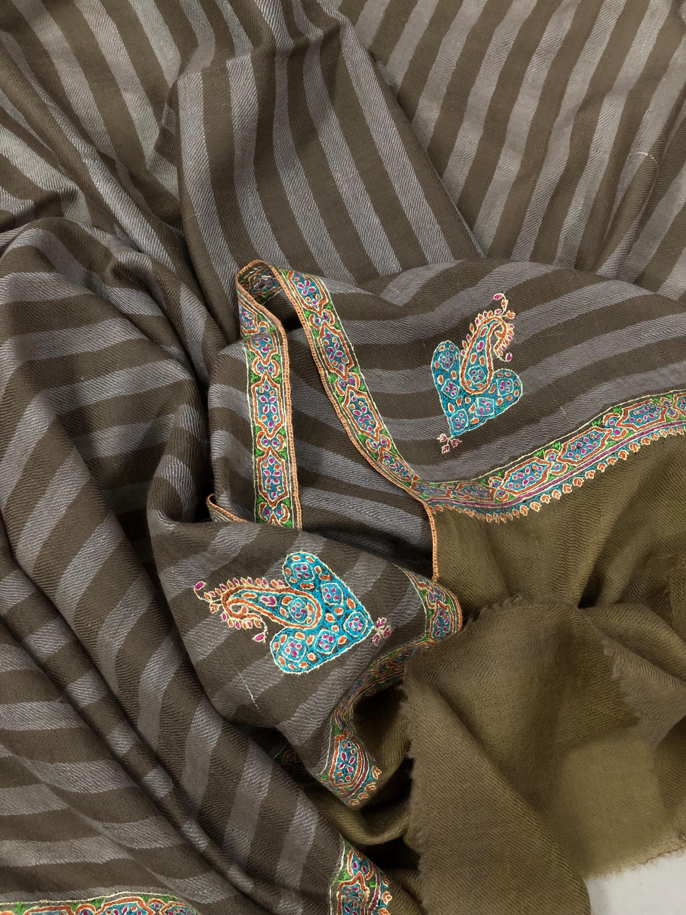 Luxurious Handwoven Brown and Gray Striped Real Pashmina Stole with Superfine Sozni Embroidery Border - Mehraj Crafts 