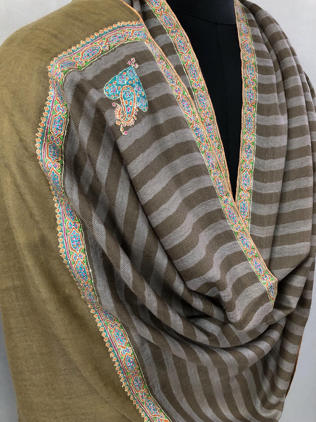 Luxurious Handwoven Brown and Gray Striped Real Pashmina Stole with Superfine Sozni Embroidery Border - Mehraj Crafts 