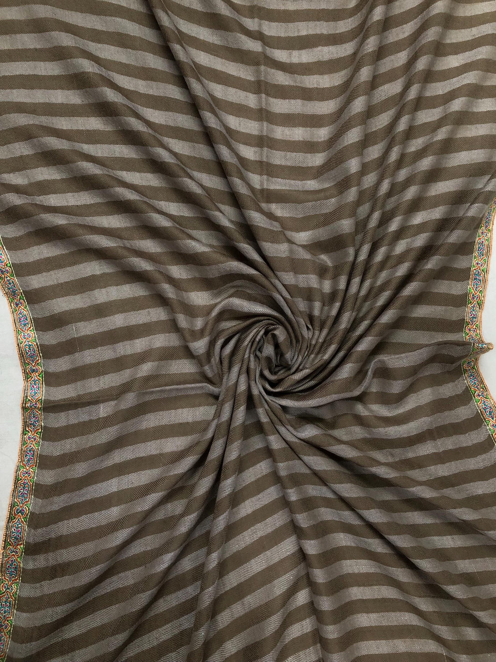 Luxurious Handwoven Brown and Gray Striped Real Pashmina Stole with Superfine Sozni Embroidery Border - Mehraj Crafts 