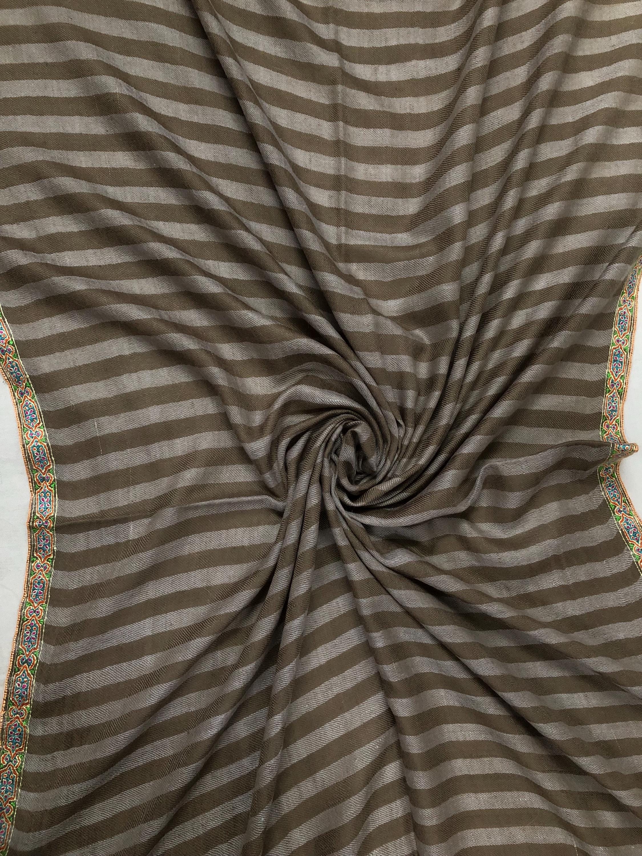 Luxurious Handwoven Brown and Gray Striped Real Pashmina Stole with Superfine Sozni Embroidery Border - Mehraj Crafts 