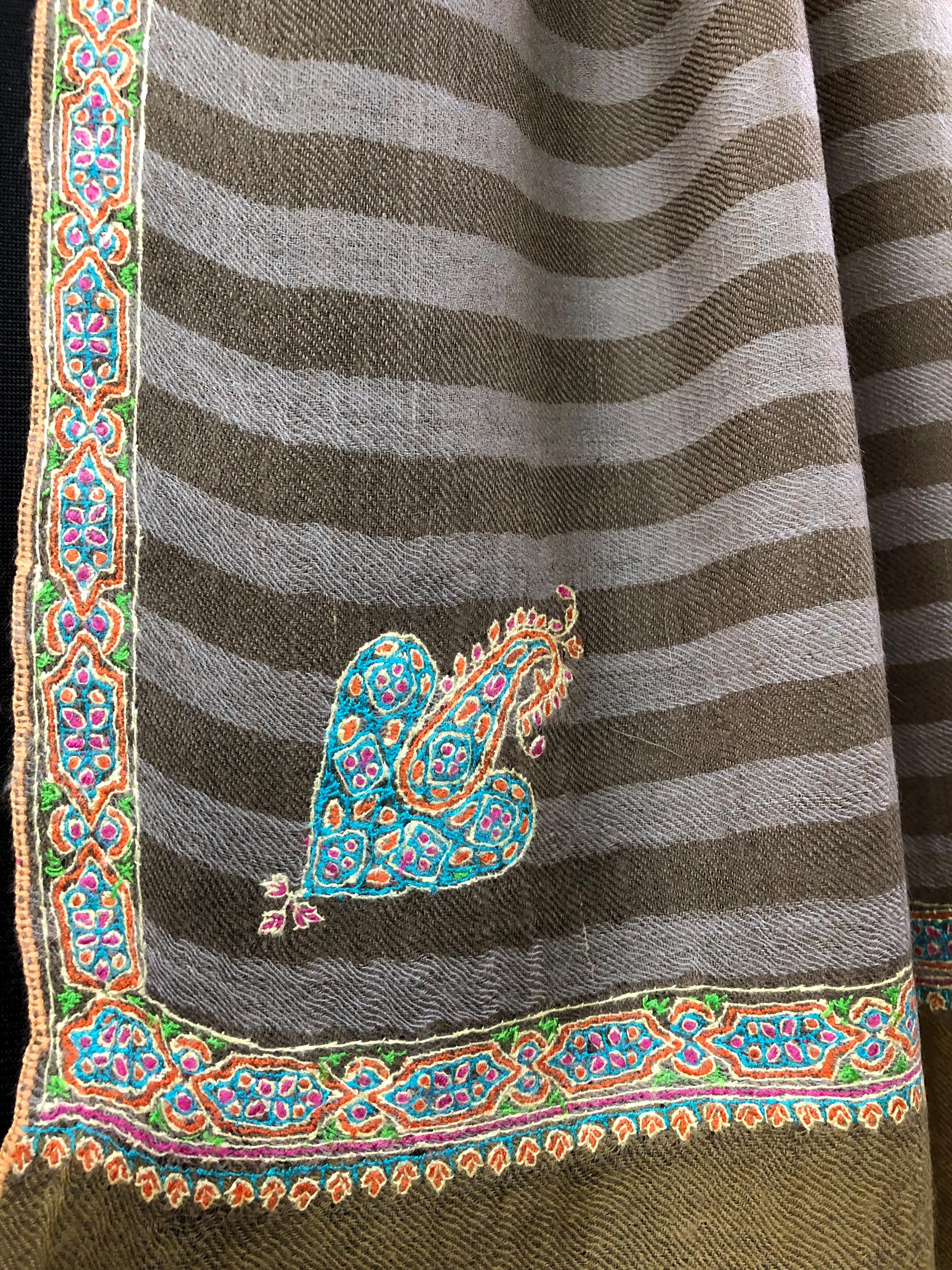Luxurious Handwoven Brown and Gray Striped Real Pashmina Stole with Superfine Sozni Embroidery Border - Mehraj Crafts 