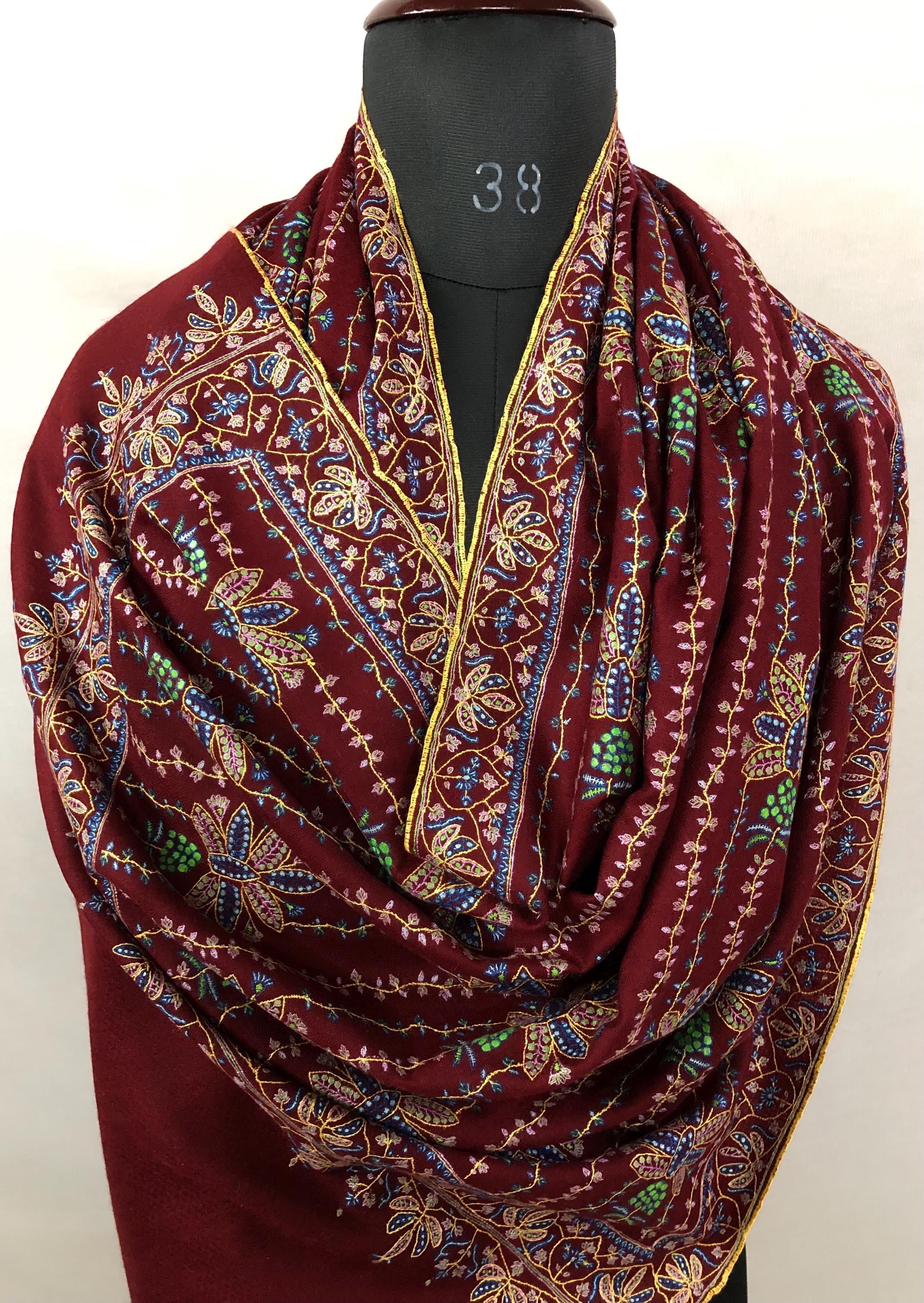 Luxury Ruby Wine Real Pashmina Stole with Super Microfine Traditional Floral Jaal Design | Officiant Gifts | Wedding Pashminas - Mehraj Crafts 