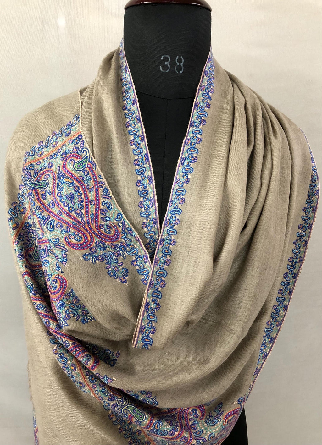 Unique Handmade Undyed Real Goat Pashmina Stole with Sozni Super Microfine Embroidery Palla | Wedding Pashminas - Mehraj Crafts 
