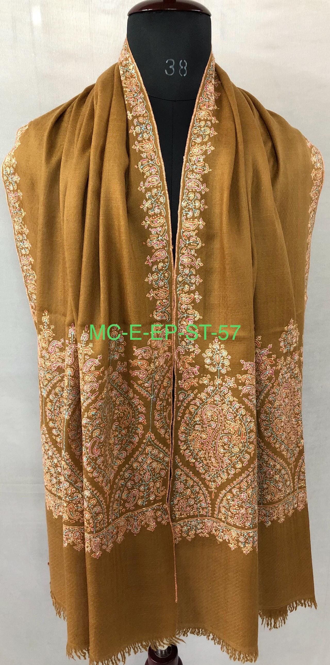 Luxurious Almond Colored Real Kashmiri Pashmina Stole with Intricate Sozni Super Microfine Embroidery Palla | Wedding Pashminas - Mehraj Crafts 