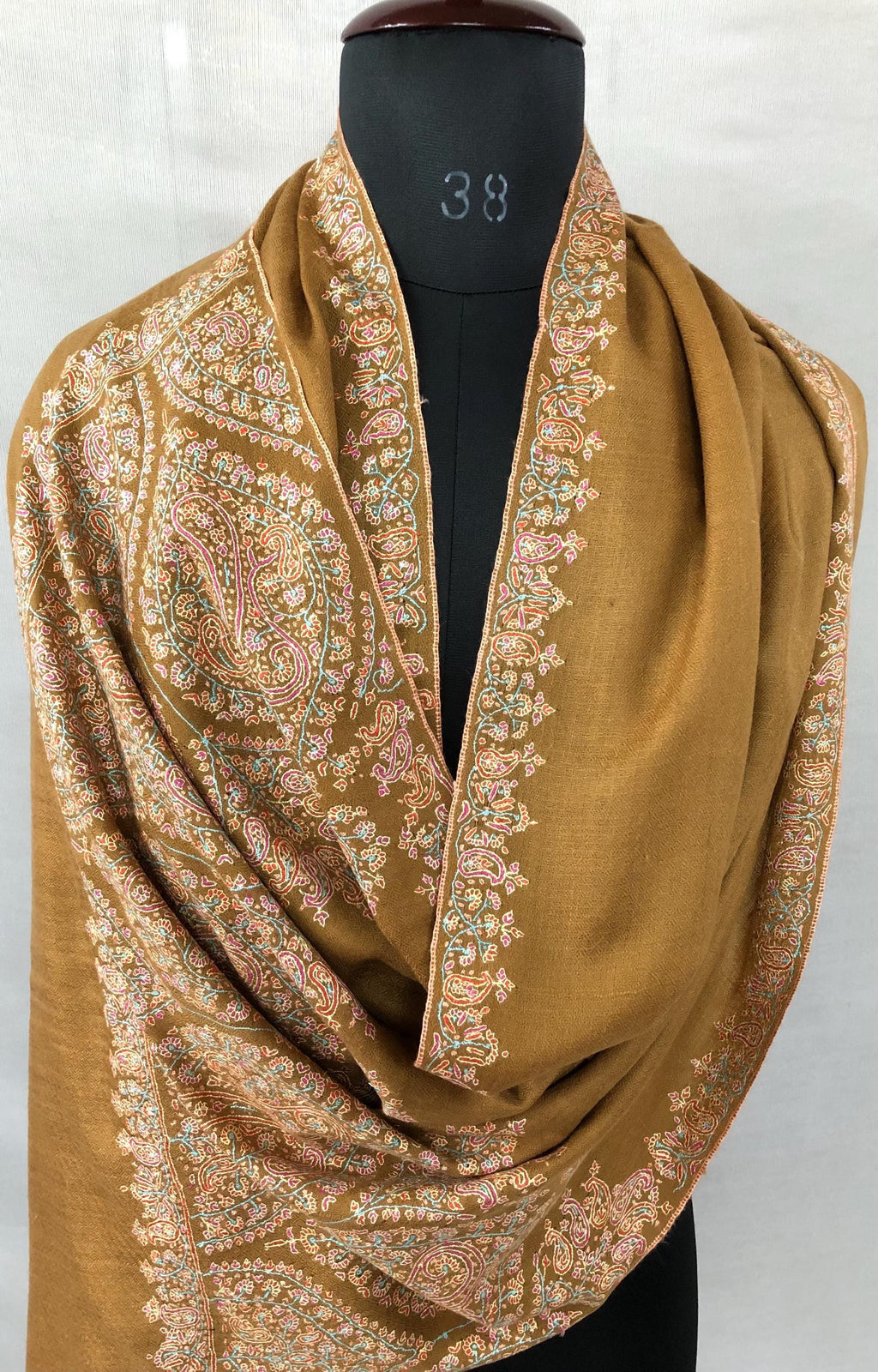 Luxurious Almond Colored Real Kashmiri Pashmina Stole with Intricate Sozni Super Microfine Embroidery Palla | Wedding Pashminas - Mehraj Crafts 