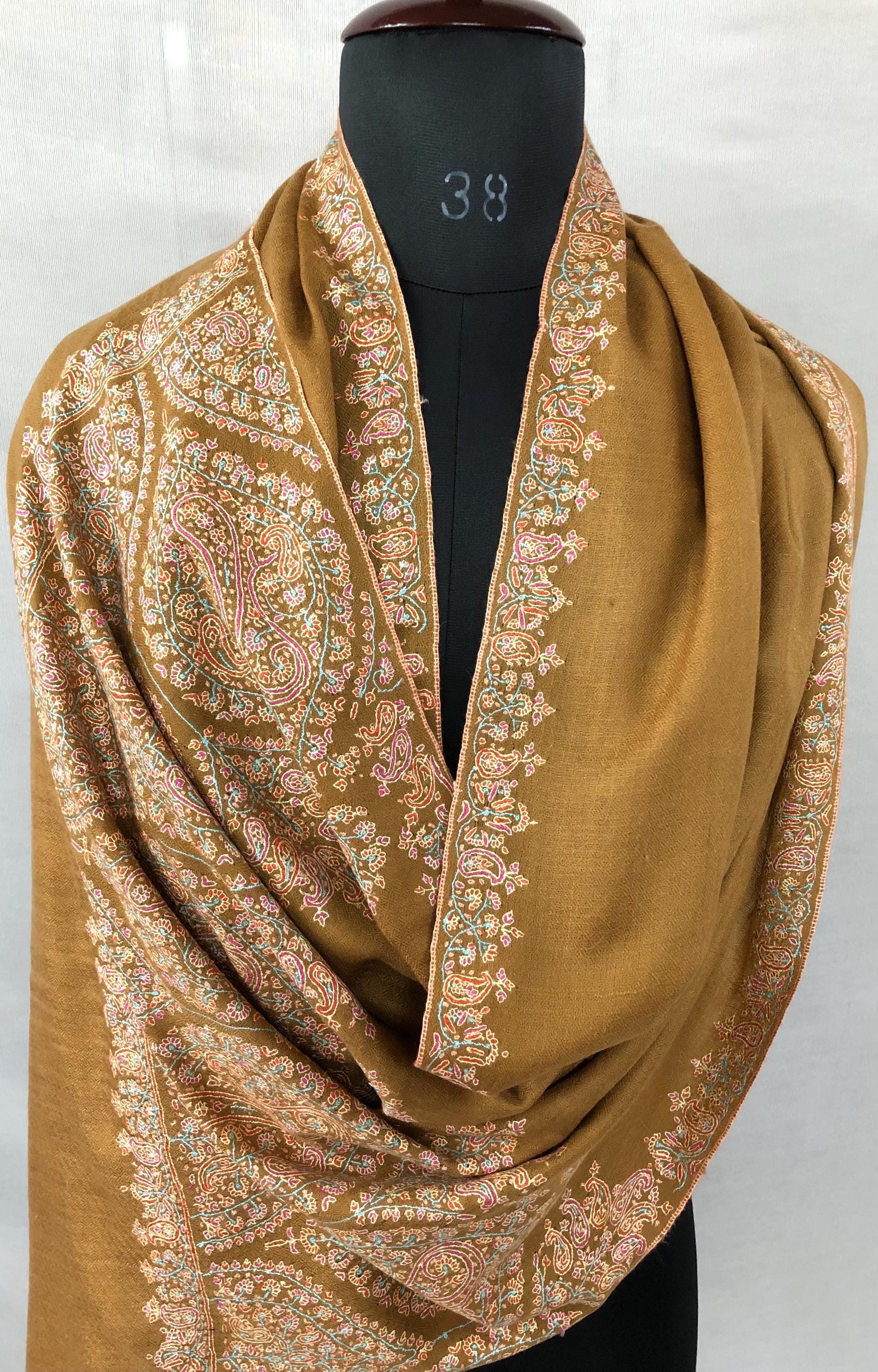 Luxurious Almond Colored Real Kashmiri Pashmina Stole with Intricate Sozni Super Microfine Embroidery Palla | Wedding Pashminas - Mehraj Crafts 