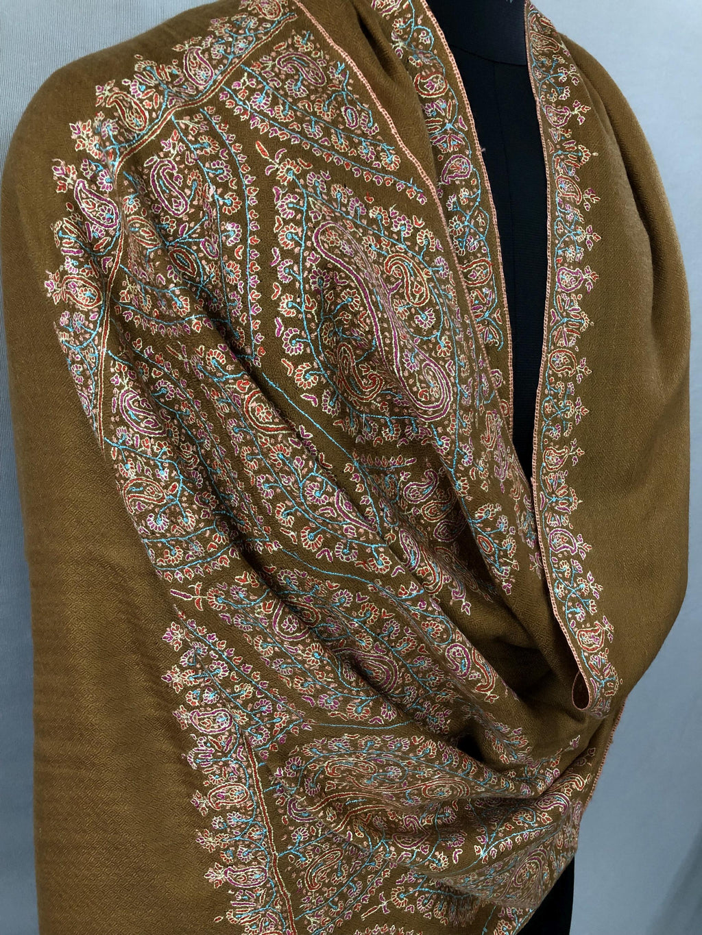 Luxurious Almond Colored Real Kashmiri Pashmina Stole with Intricate Sozni Super Microfine Embroidery Palla | Wedding Pashminas - Mehraj Crafts 