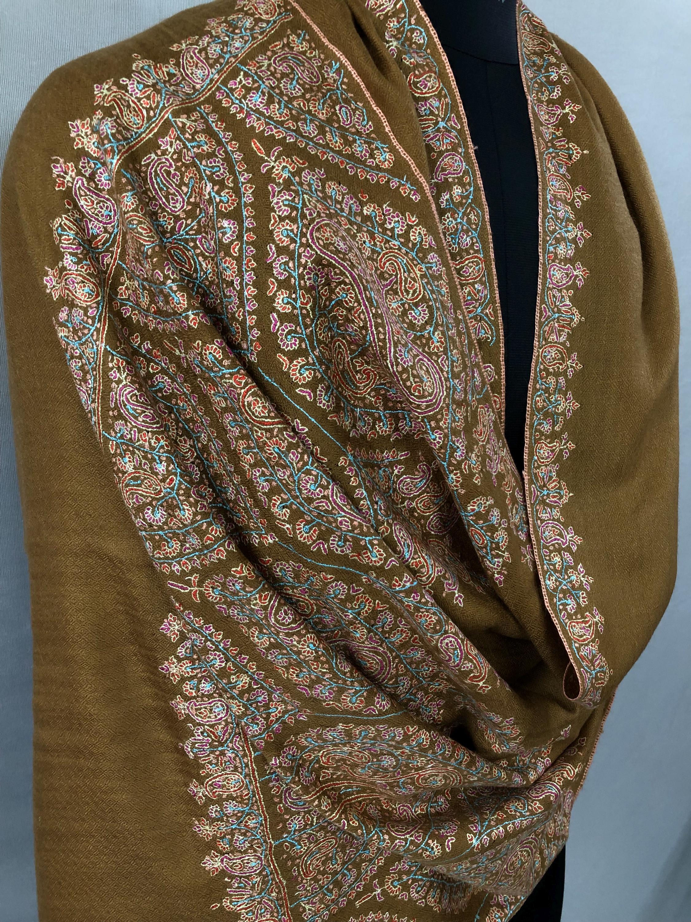 Luxurious Almond Colored Real Kashmiri Pashmina Stole with Intricate Sozni Super Microfine Embroidery Palla | Wedding Pashminas - Mehraj Crafts 