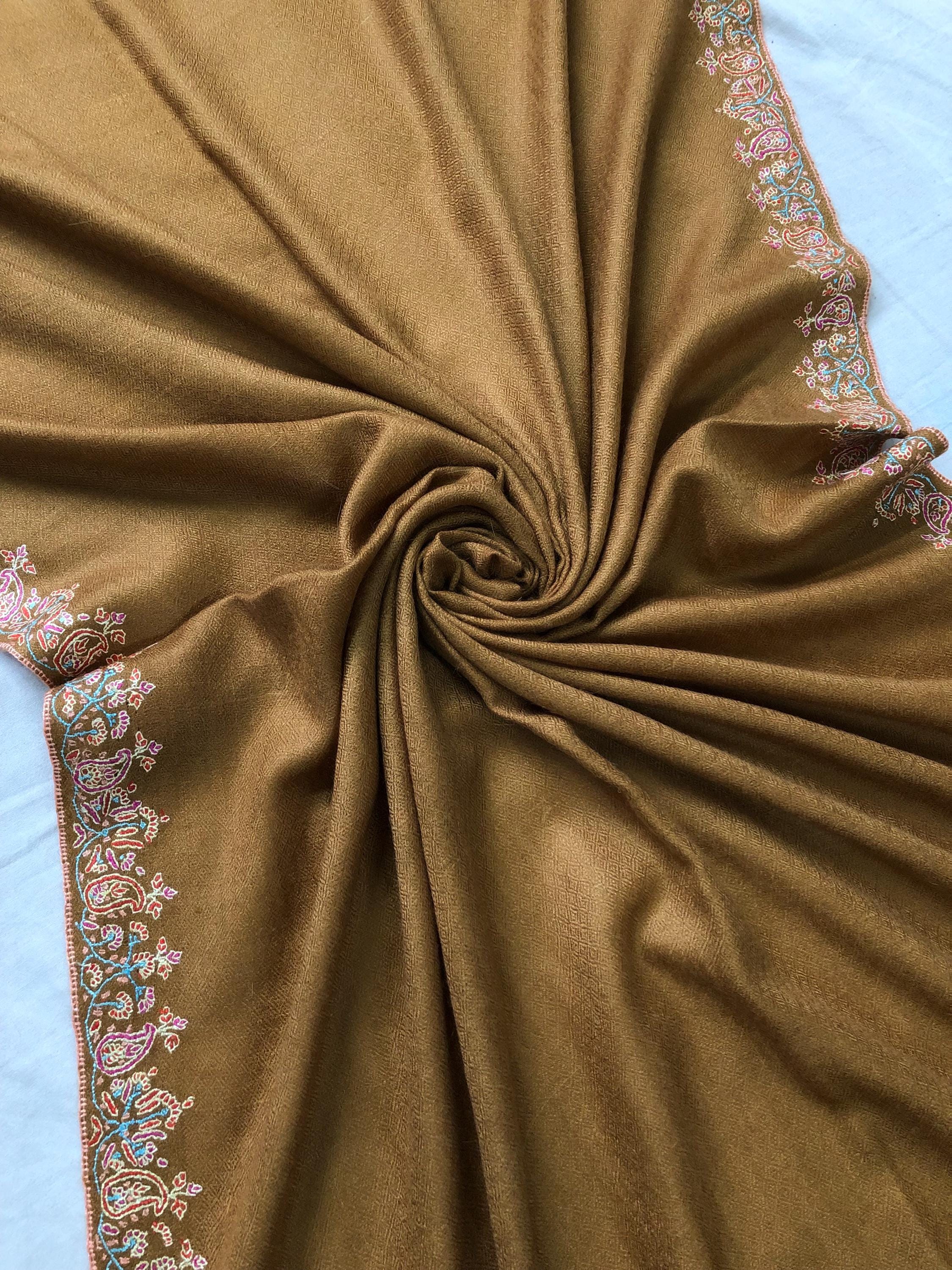 Luxurious Almond Colored Real Kashmiri Pashmina Stole with Intricate Sozni Super Microfine Embroidery Palla | Wedding Pashminas - Mehraj Crafts 