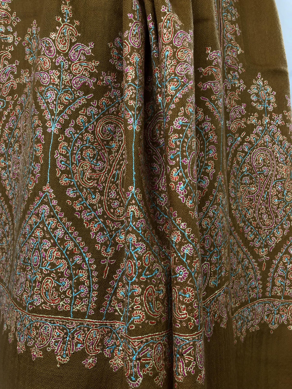 Luxurious Almond Colored Real Kashmiri Pashmina Stole with Intricate Sozni Super Microfine Embroidery Palla | Wedding Pashminas - Mehraj Crafts 