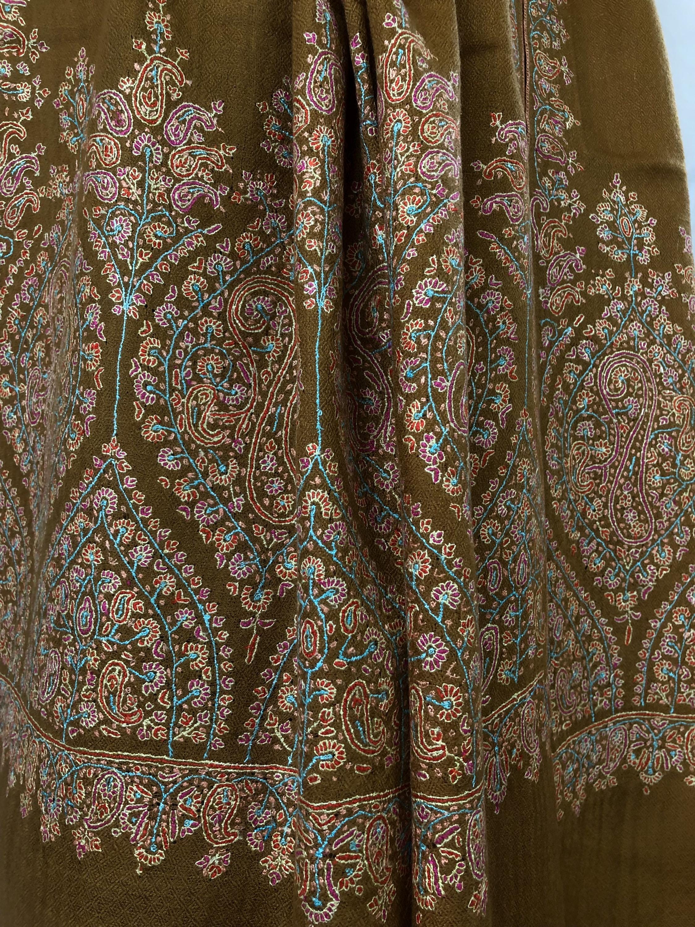 Luxurious Almond Colored Real Kashmiri Pashmina Stole with Intricate Sozni Super Microfine Embroidery Palla | Wedding Pashminas - Mehraj Crafts 