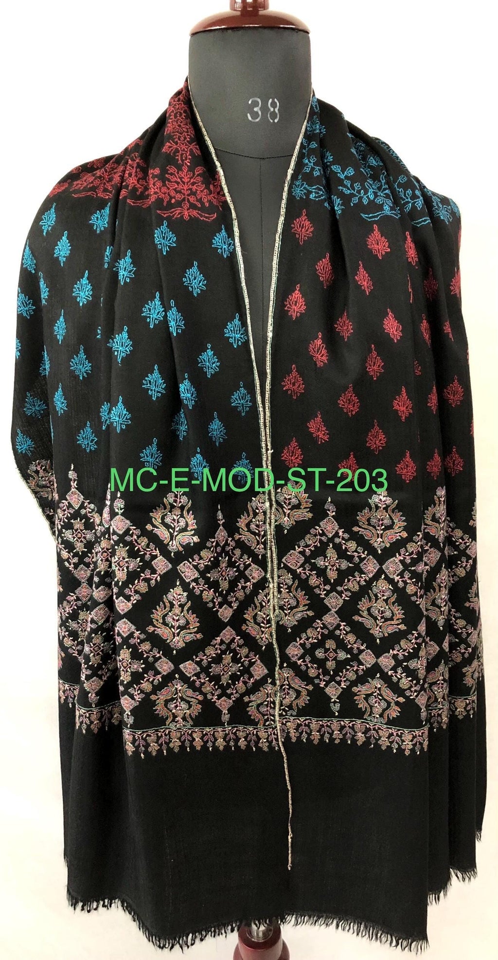Black Modern Design Embroidery Handwoven Real Kashmir Pashmina Stole - Mehraj Crafts 