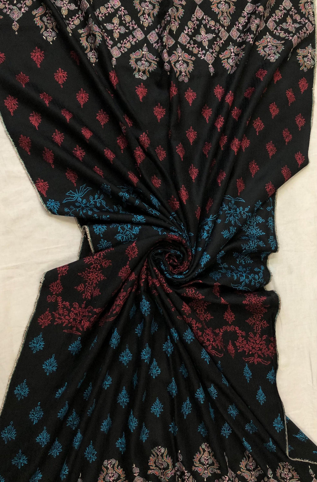 Black Modern Design Embroidery Handwoven Real Kashmir Pashmina Stole - Mehraj Crafts 