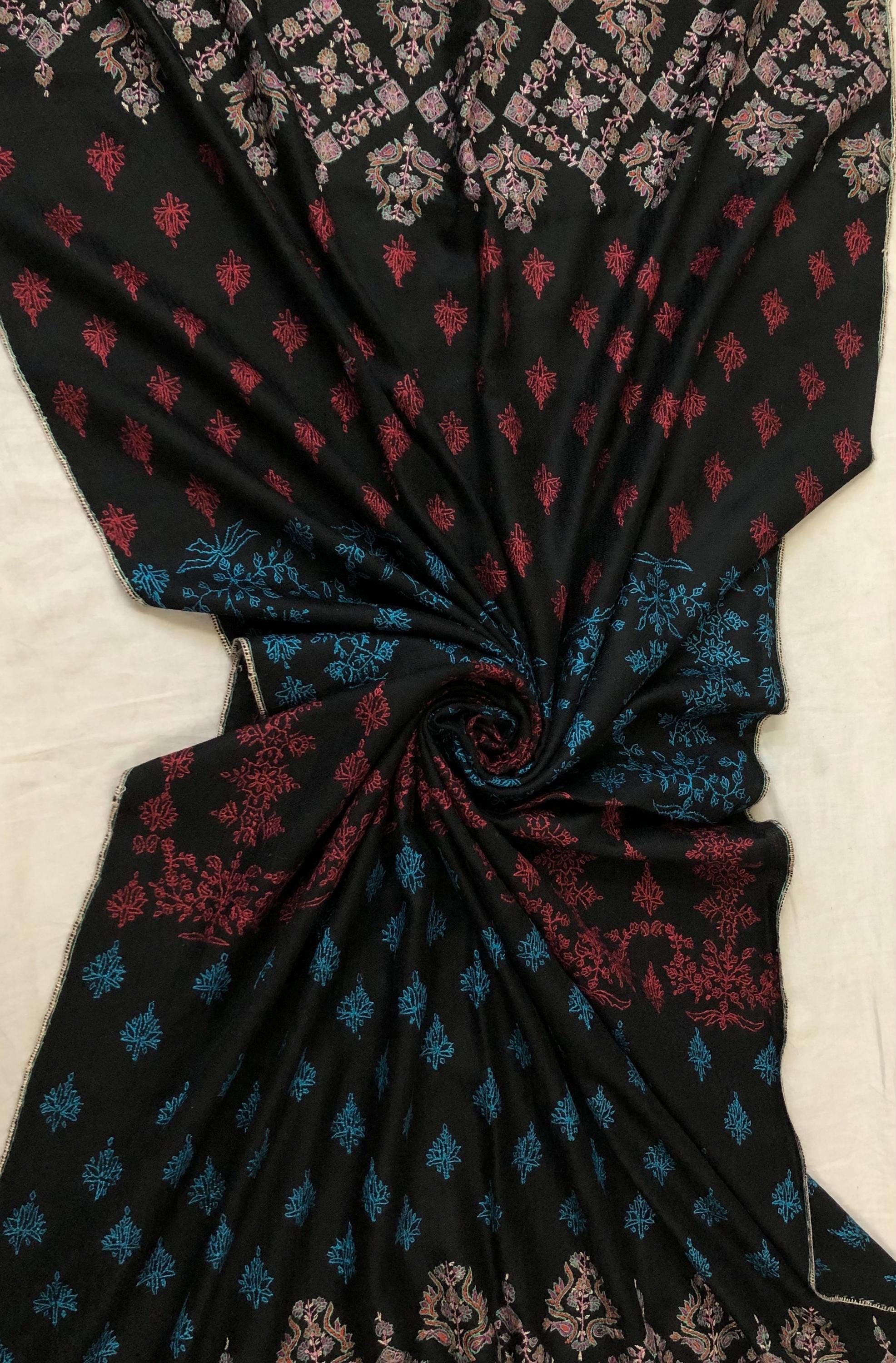 Black Modern Design Embroidery Handwoven Real Kashmir Pashmina Stole - Mehraj Crafts 