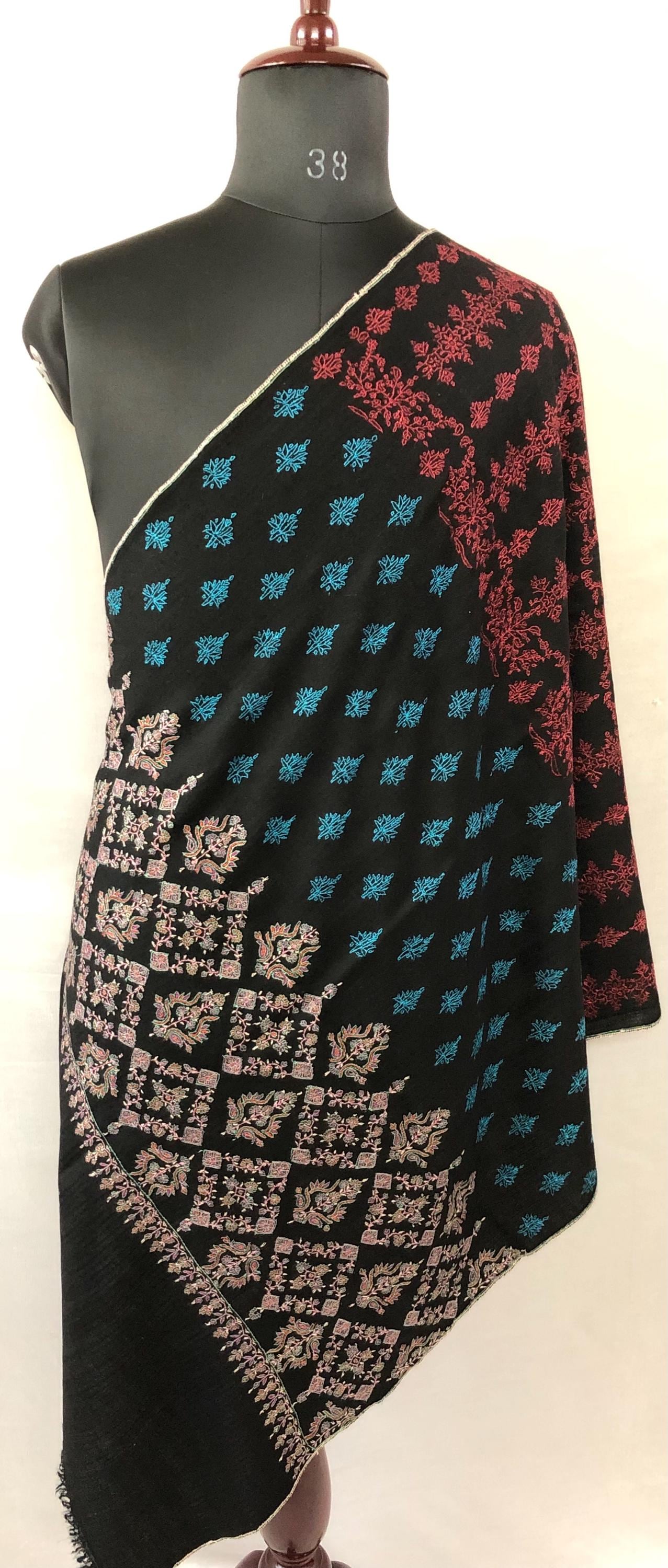 Black Modern Design Embroidery Handwoven Real Kashmir Pashmina Stole - Mehraj Crafts 