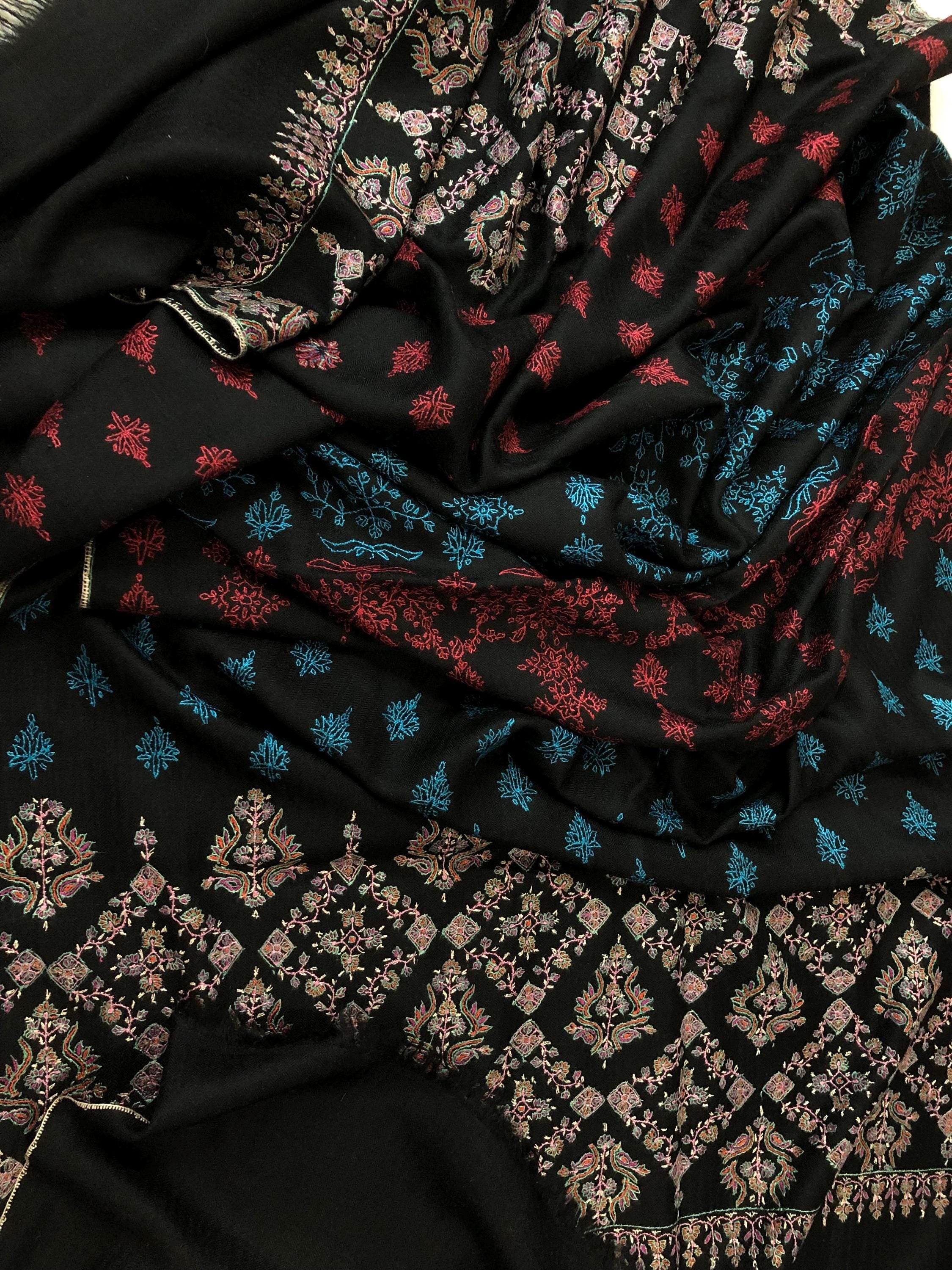 Black Modern Design Embroidery Handwoven Real Kashmir Pashmina Stole - Mehraj Crafts 