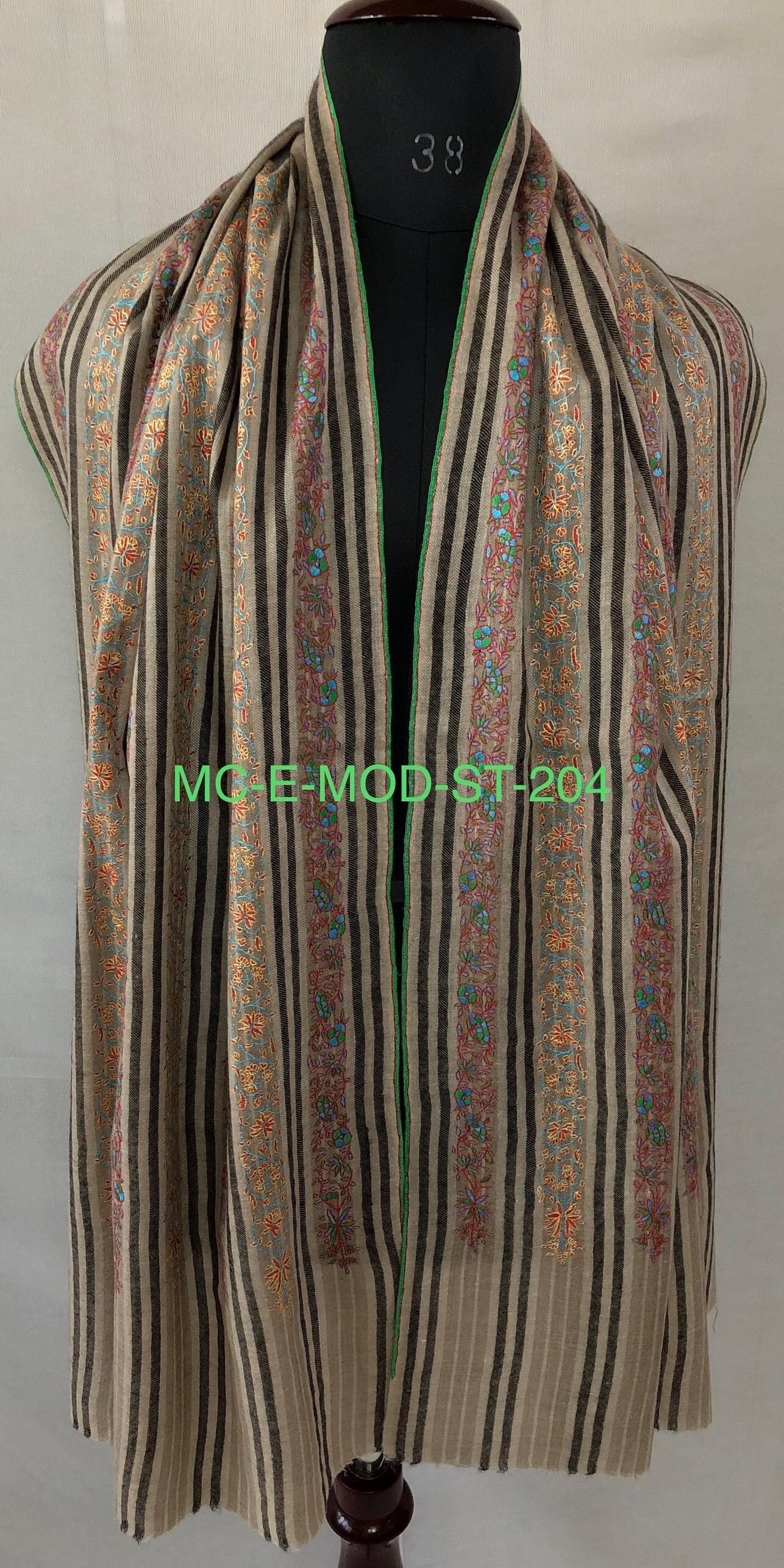 Hand Embroidered Kashmir Pashmina Stole: Sozni Stripes, Handmade