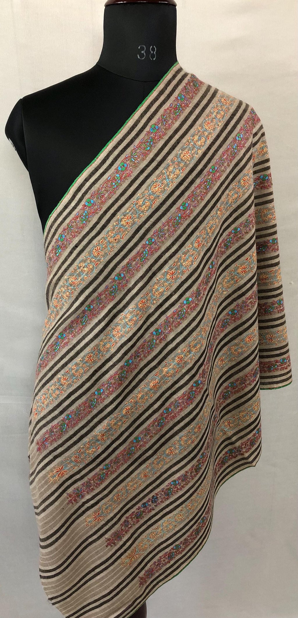 Designer Sozni Stripes Hand Embroidered Pure Kashmir Pashmina Stole - Mehraj Crafts 