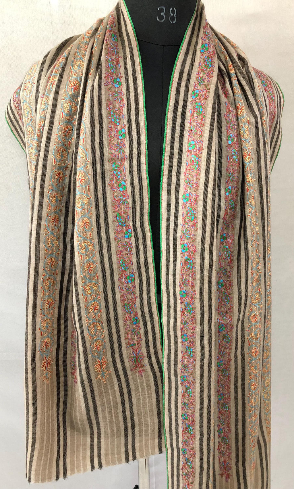 Designer Sozni Stripes Hand Embroidered Pure Kashmir Pashmina Stole - Mehraj Crafts 