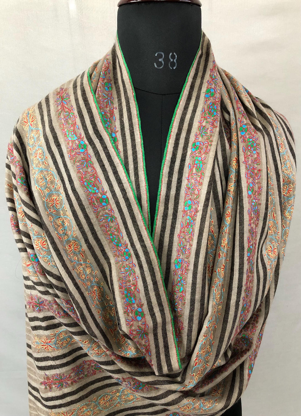 Hand Embroidered Kashmir Pashmina Stole: Sozni Stripes, Handmade