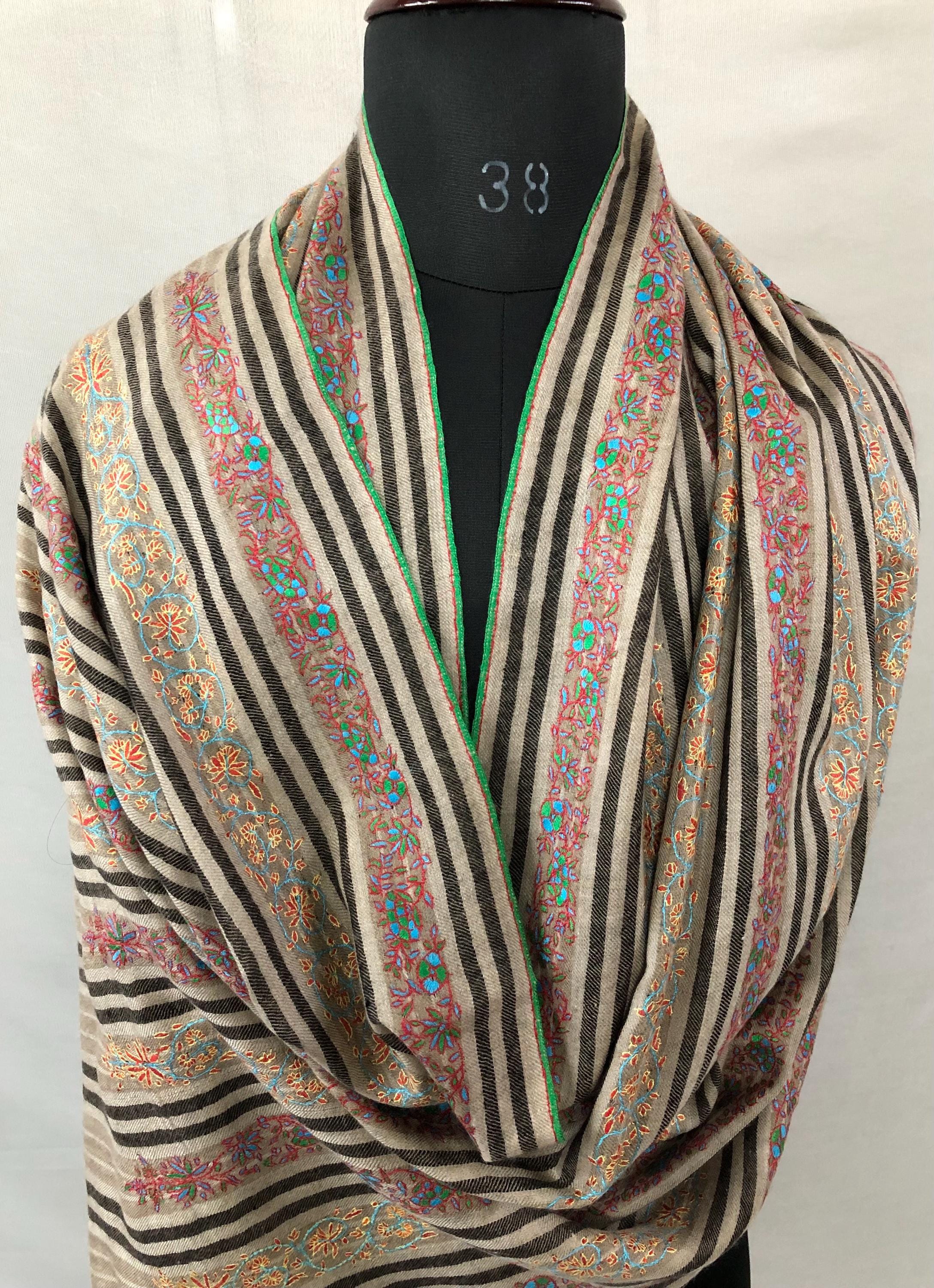 Hand Embroidered Kashmir Pashmina Stole: Sozni Stripes, Handmade
