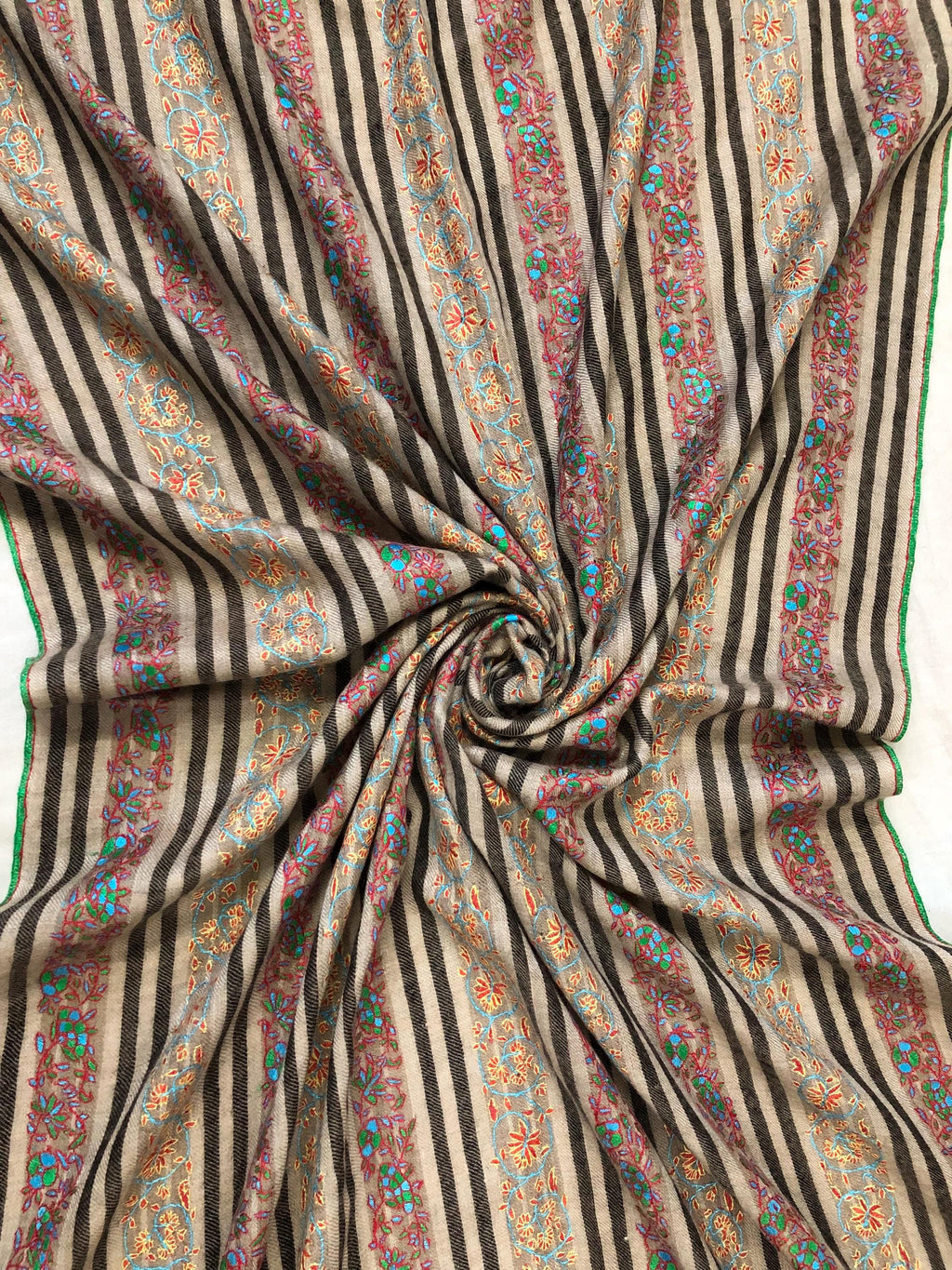 Designer Sozni Stripes Hand Embroidered Pure Kashmir Pashmina Stole - Mehraj Crafts 