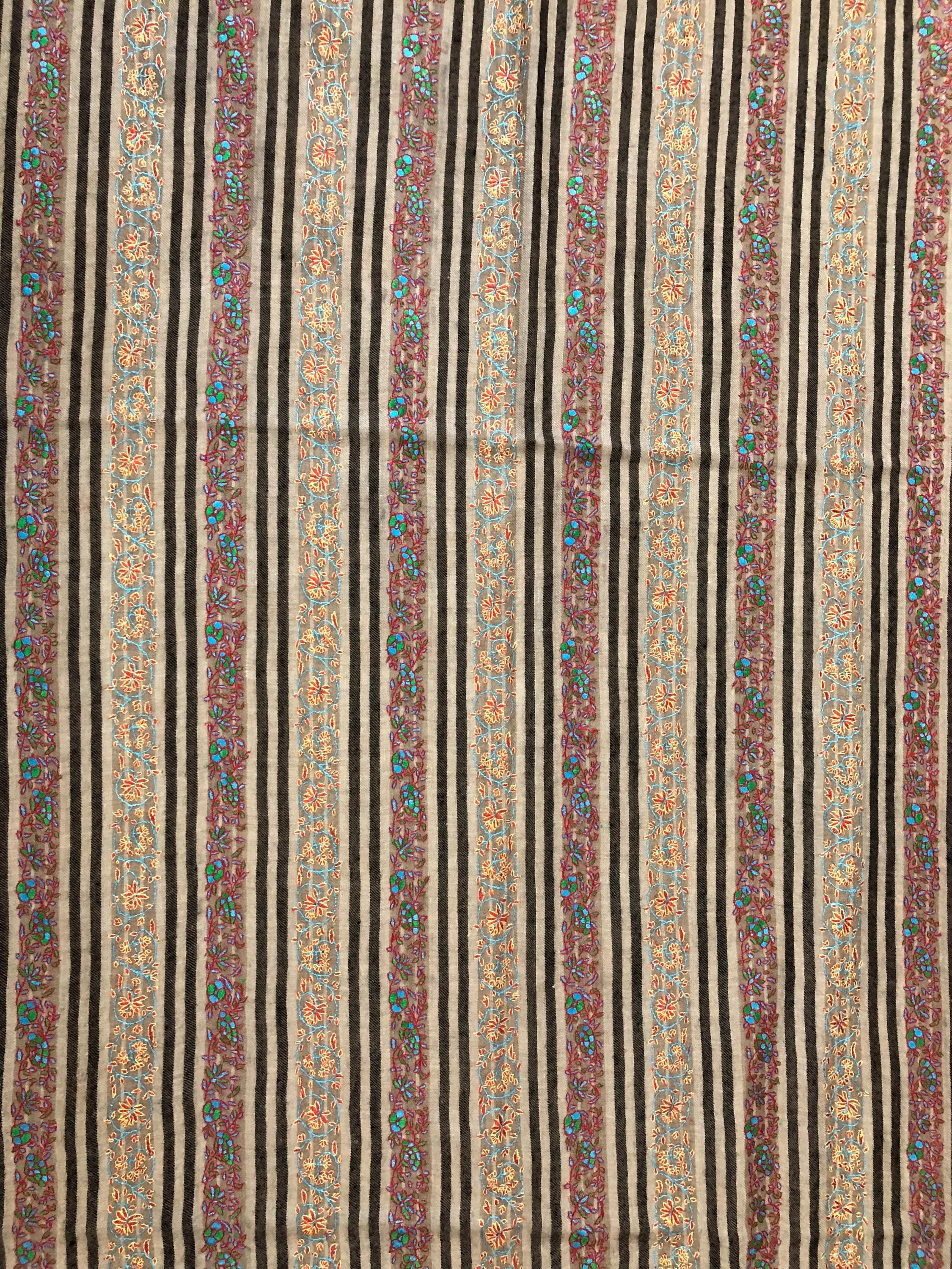 Designer Sozni Stripes Hand Embroidered Pure Kashmir Pashmina Stole - Mehraj Crafts 