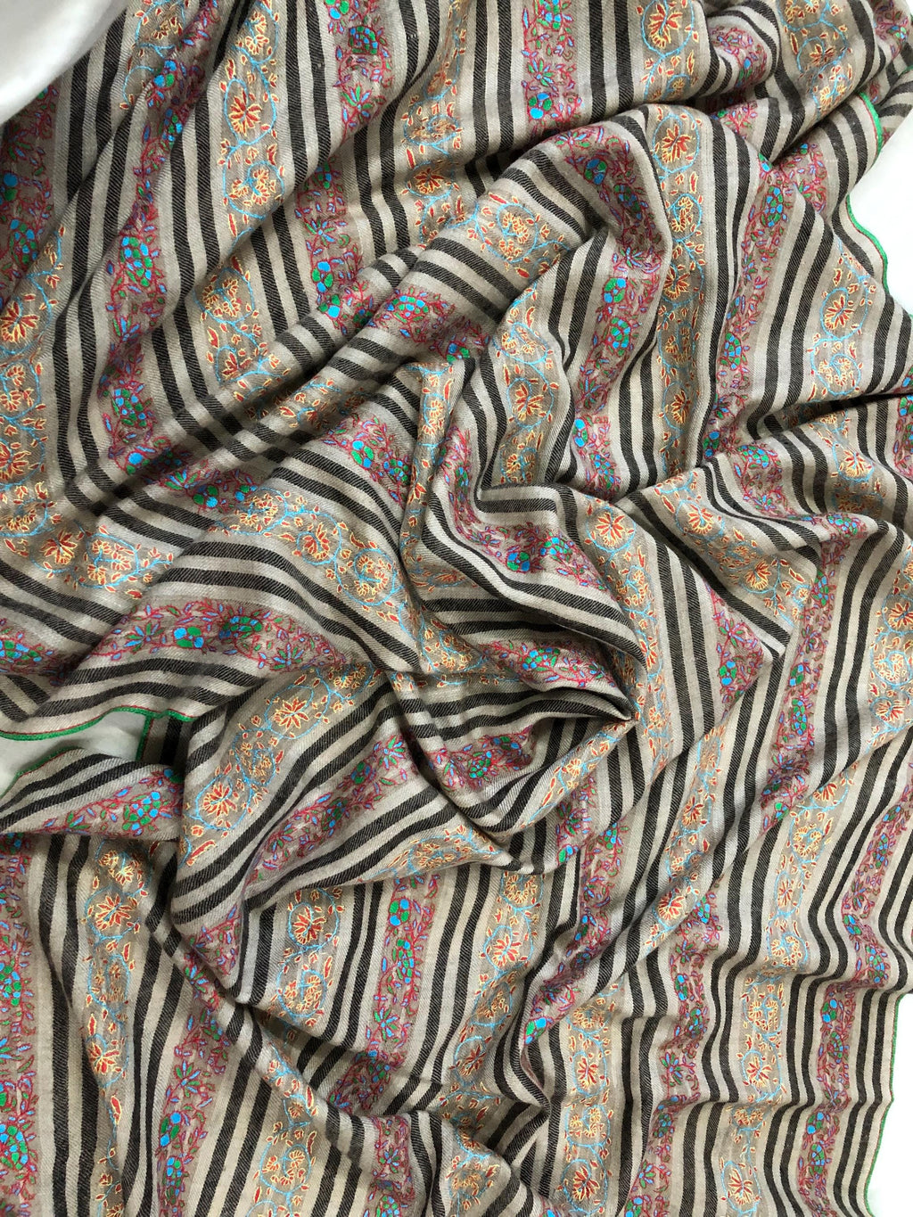 Designer Sozni Stripes Hand Embroidered Pure Kashmir Pashmina Stole - Mehraj Crafts 