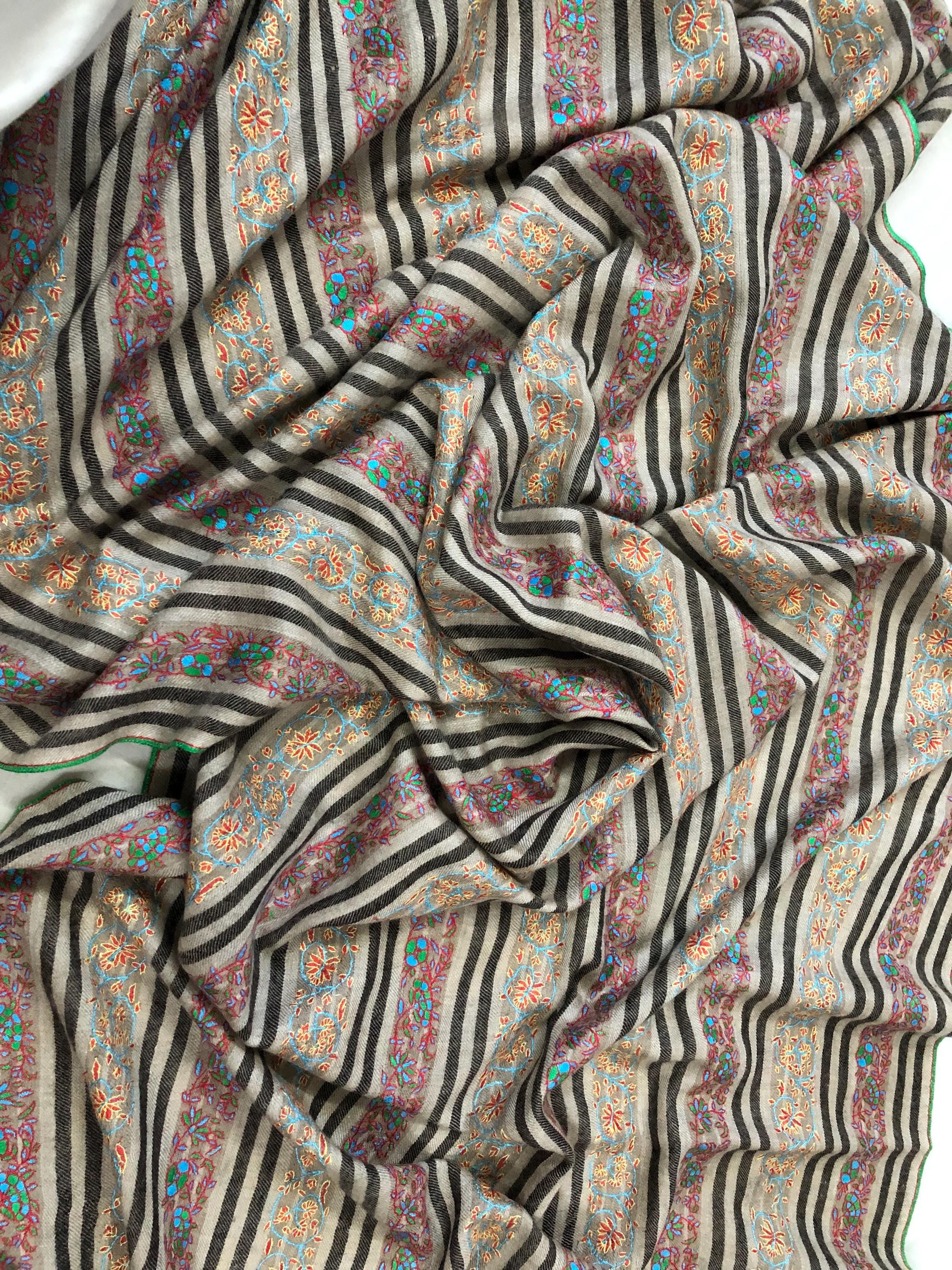Designer Sozni Stripes Hand Embroidered Pure Kashmir Pashmina Stole - Mehraj Crafts 