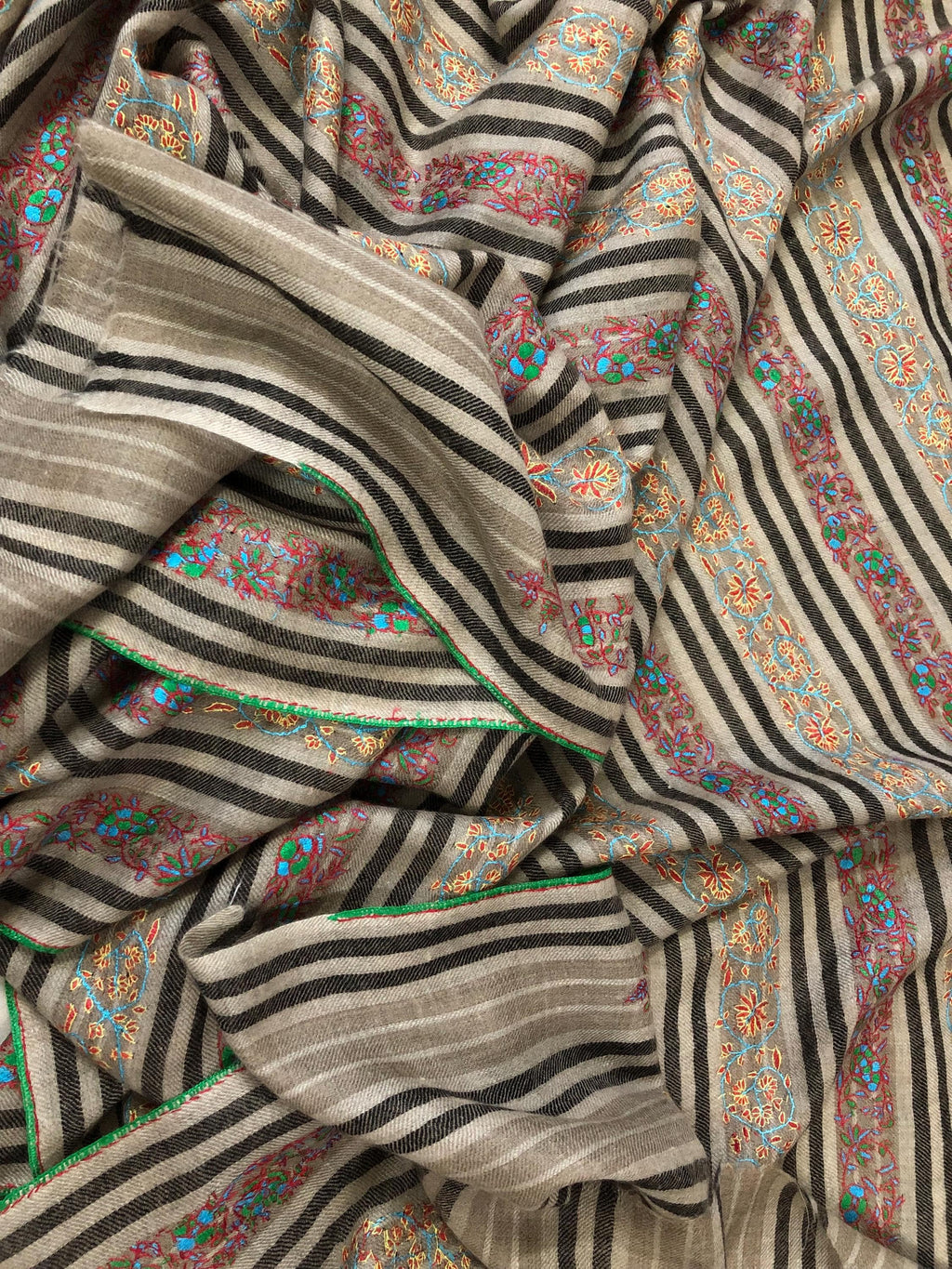 Designer Sozni Stripes Hand Embroidered Pure Kashmir Pashmina Stole - Mehraj Crafts 