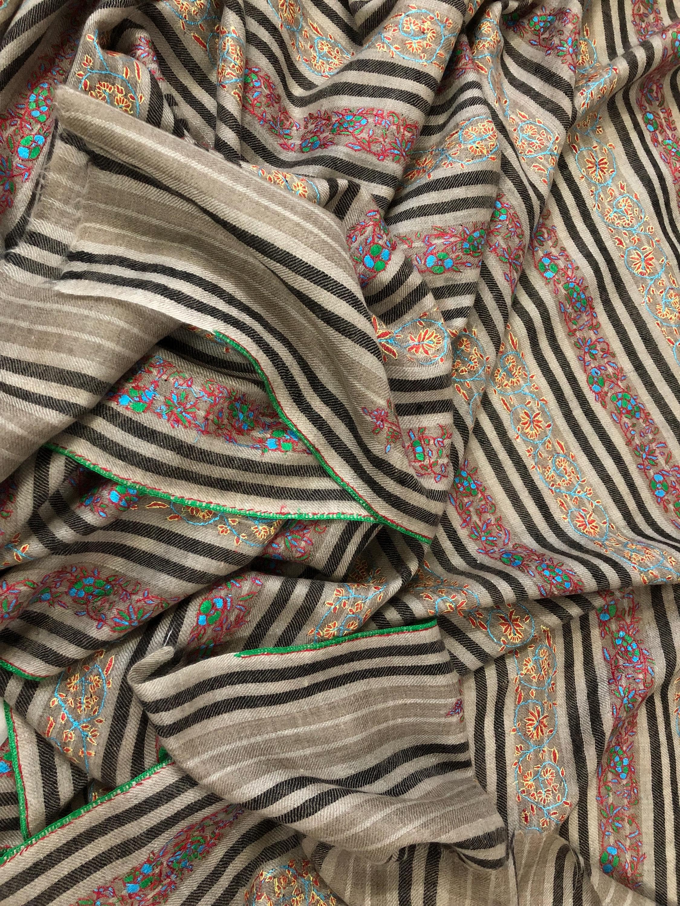 Designer Sozni Stripes Hand Embroidered Pure Kashmir Pashmina Stole - Mehraj Crafts 