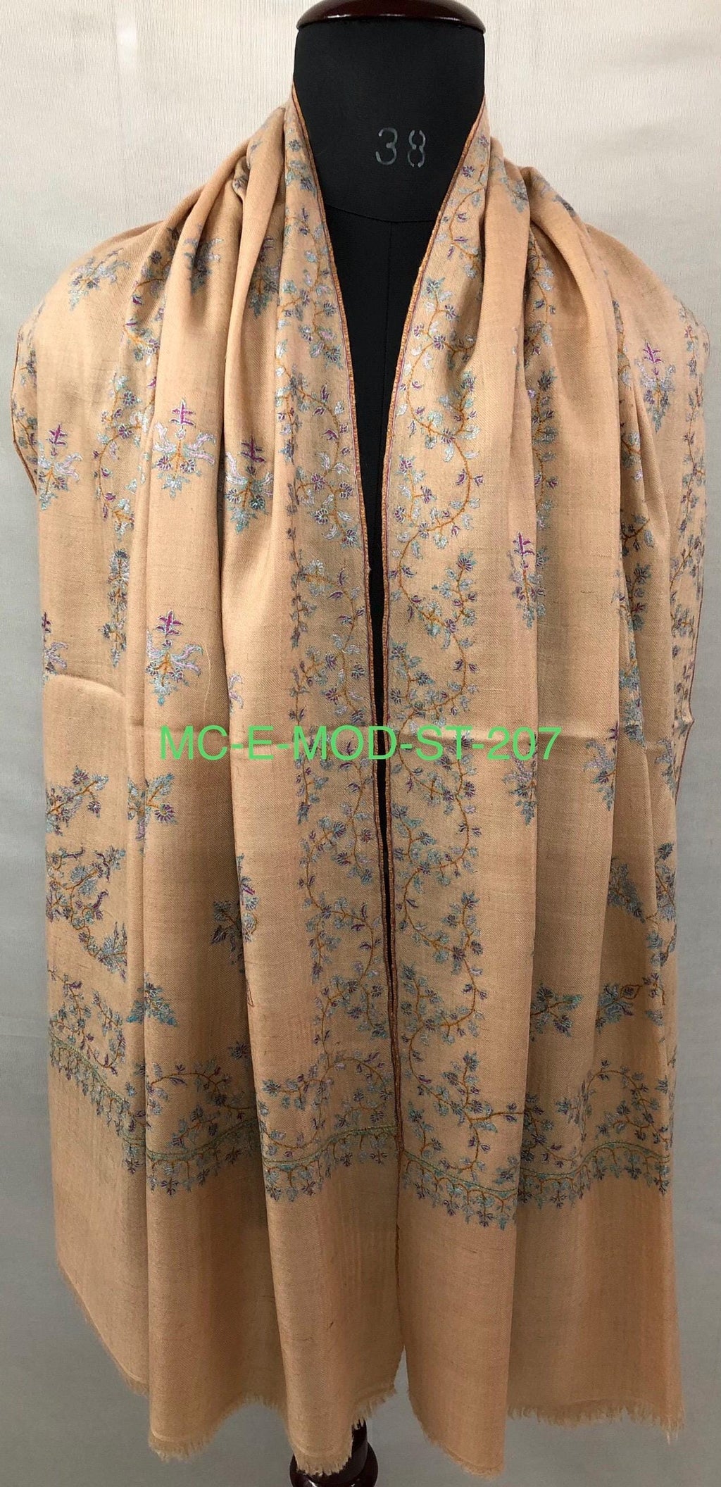 Almond Modern Design Sozani Hand Embroidered  Real Cashmere Pashmina Stole - Mehraj Crafts 