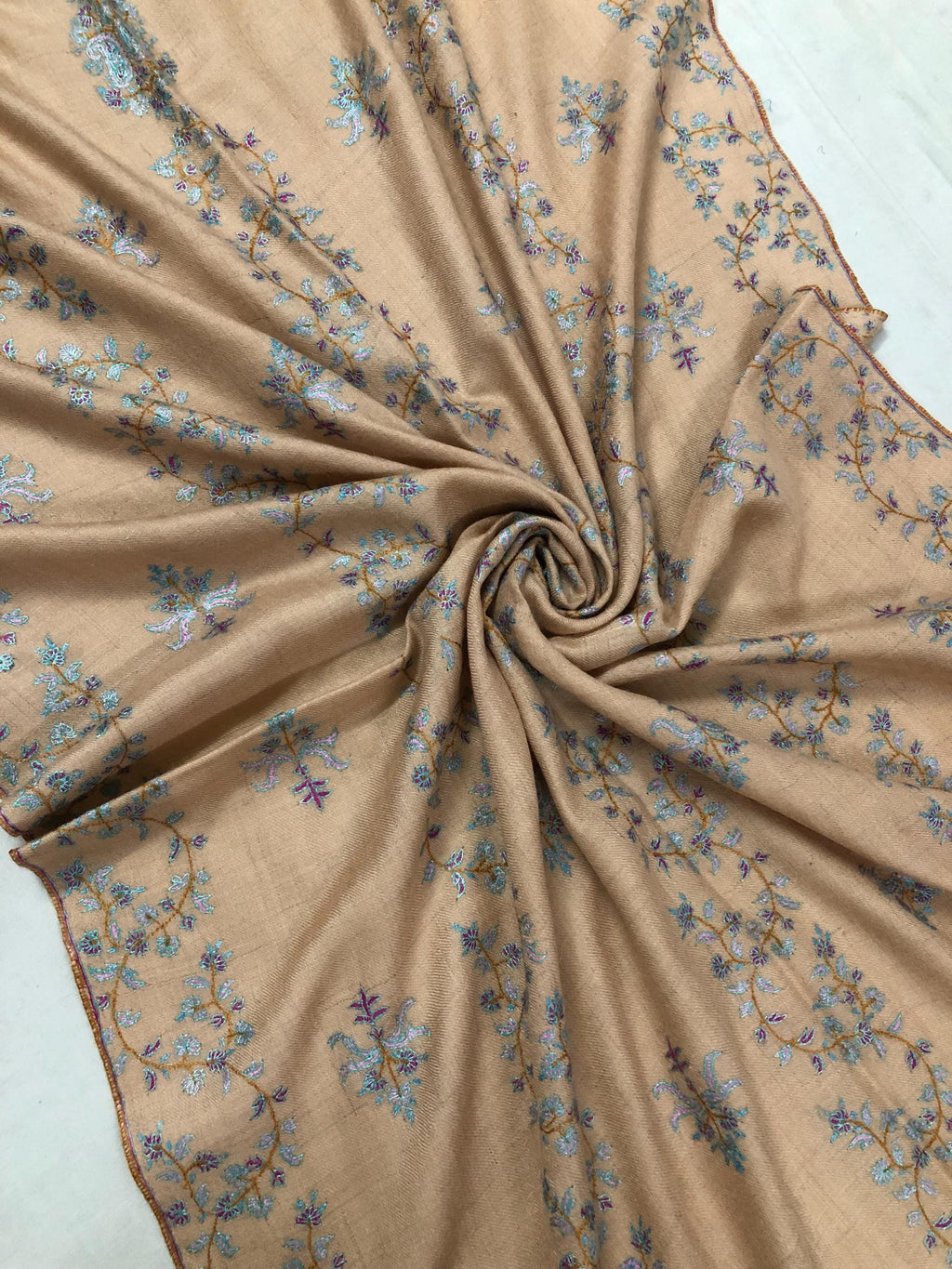 Almond Modern Design Sozani Hand Embroidered  Real Cashmere Pashmina Stole - Mehraj Crafts 