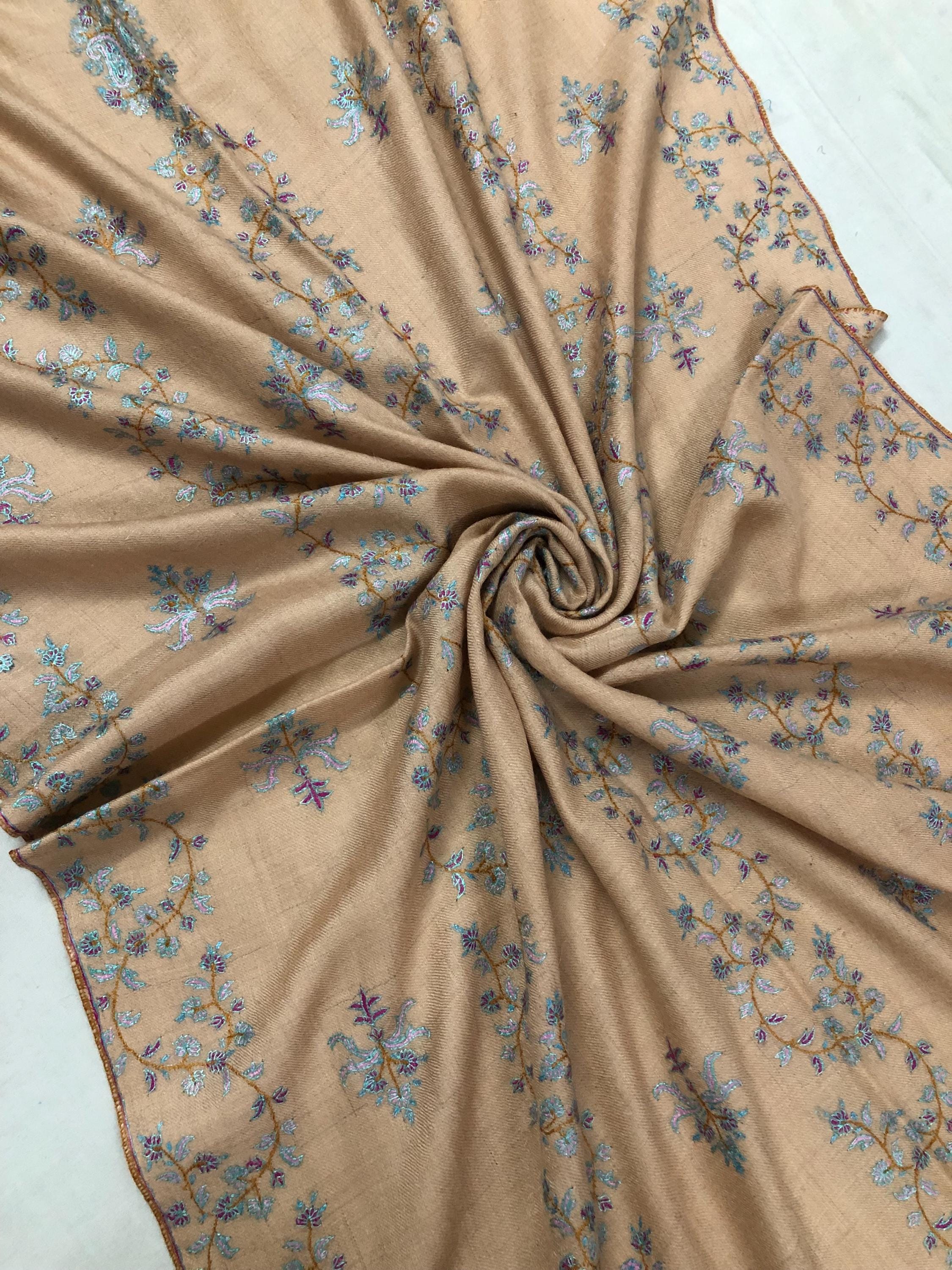 Almond Modern Design Sozani Hand Embroidered  Real Cashmere Pashmina Stole - Mehraj Crafts 