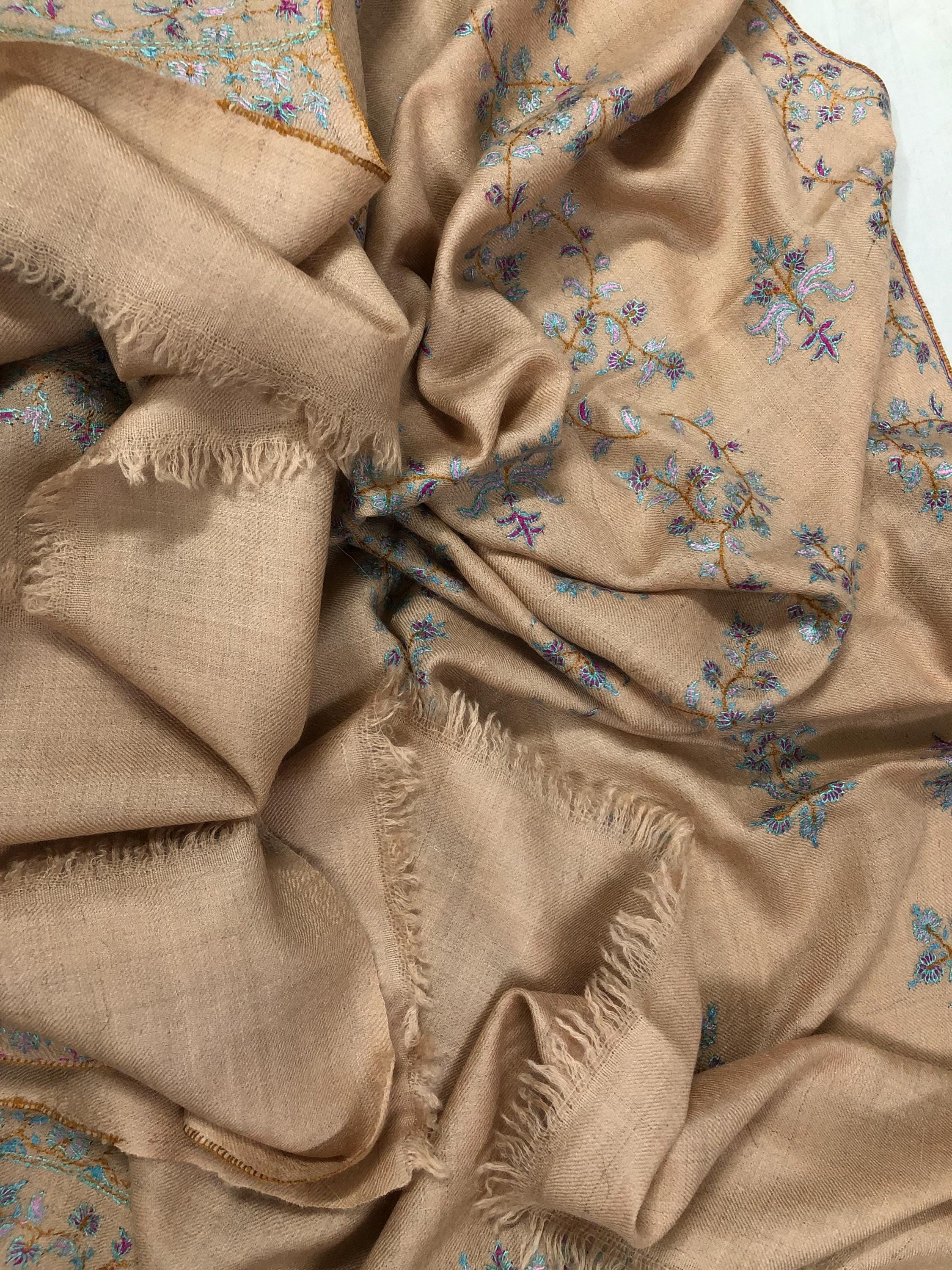 Almond Modern Design Sozani Hand Embroidered  Real Cashmere Pashmina Stole - Mehraj Crafts 