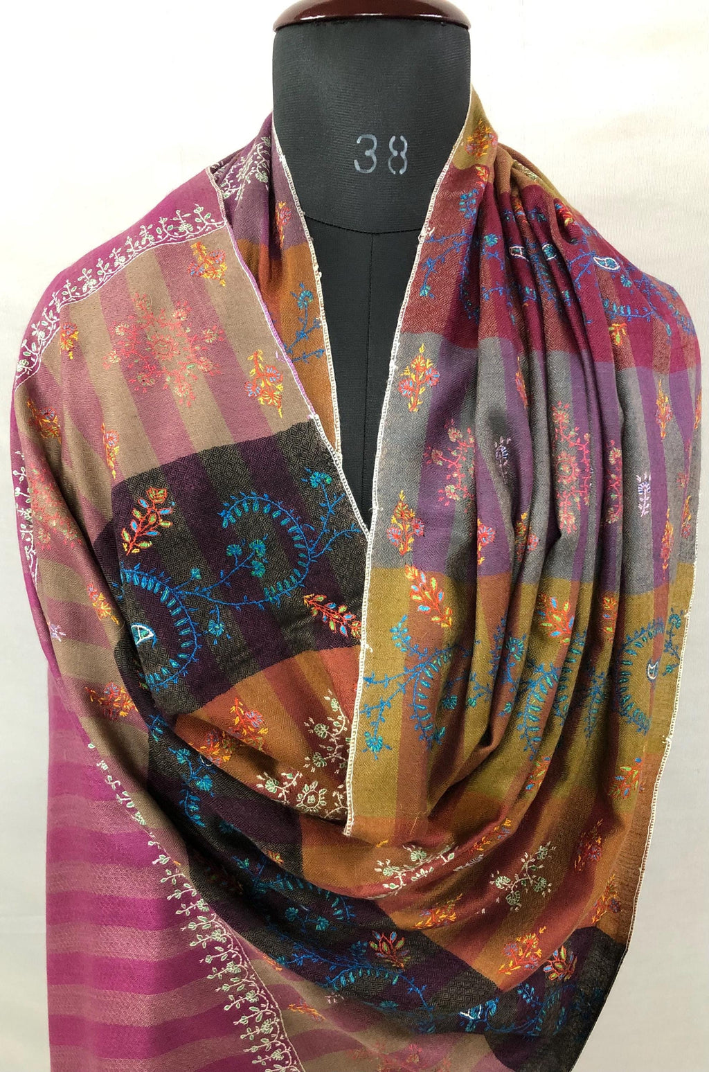 Multicoloured Handwoven Stripes with Multiple Microfine Embroidery Designs Real Cashmere Pashmina Stole - Mehraj Crafts 