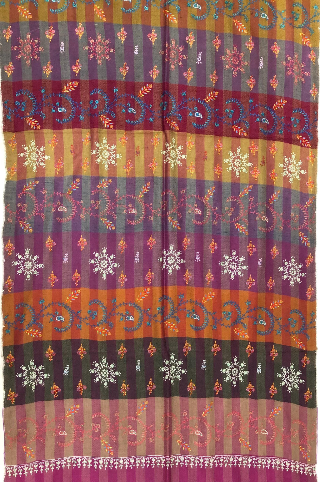 Multicoloured Handwoven Stripes with Multiple Microfine Embroidery Designs Real Cashmere Pashmina Stole - Mehraj Crafts 