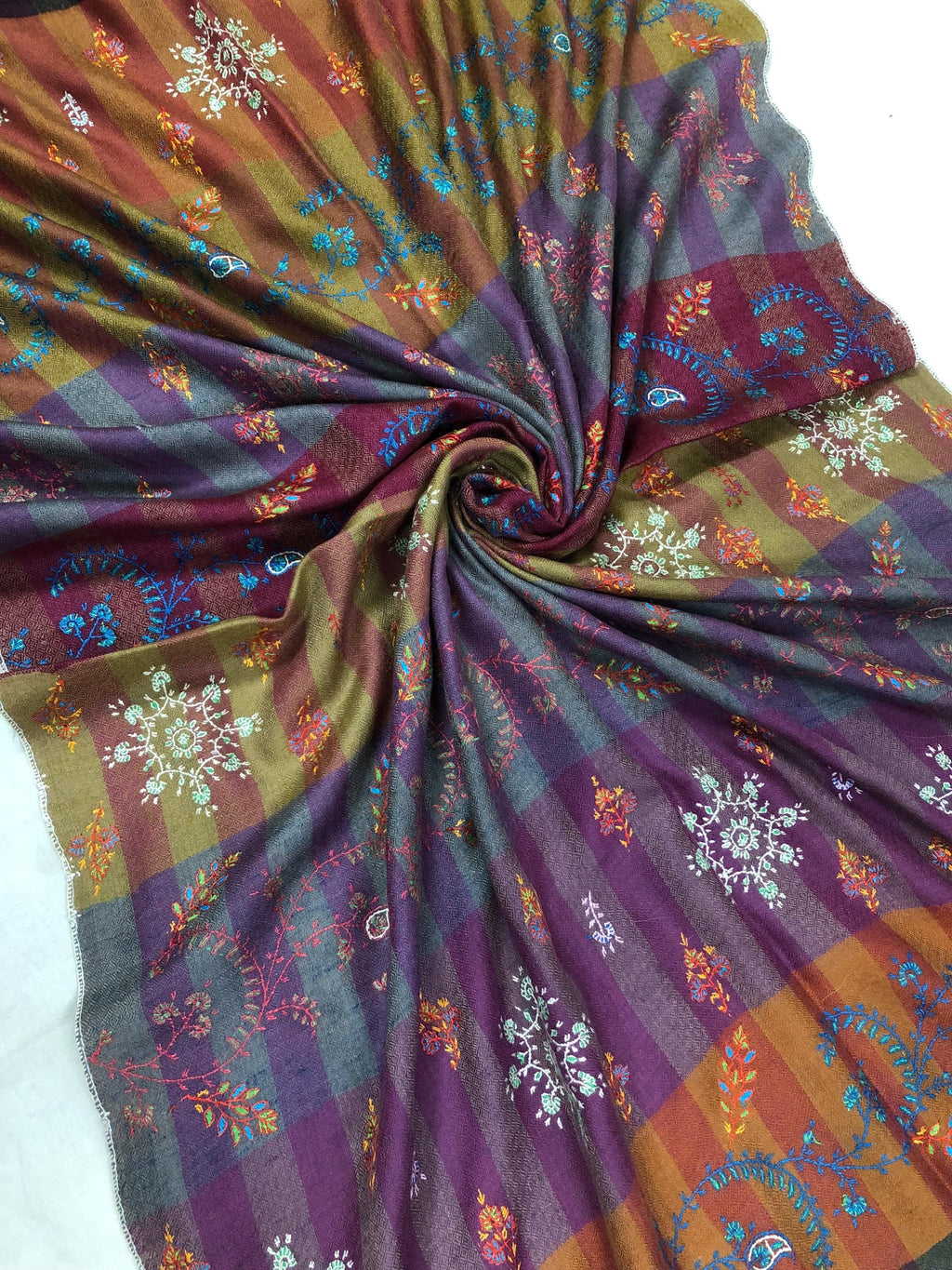 Multicoloured Handwoven Stripes with Multiple Microfine Embroidery Designs Real Cashmere Pashmina Stole - Mehraj Crafts 
