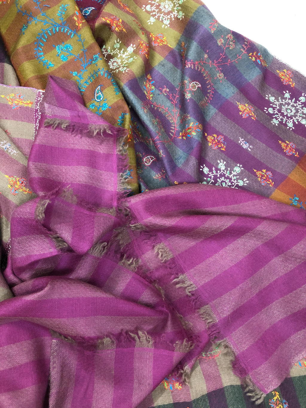 Multicoloured Handwoven Stripes with Multiple Microfine Embroidery Designs Real Cashmere Pashmina Stole - Mehraj Crafts 