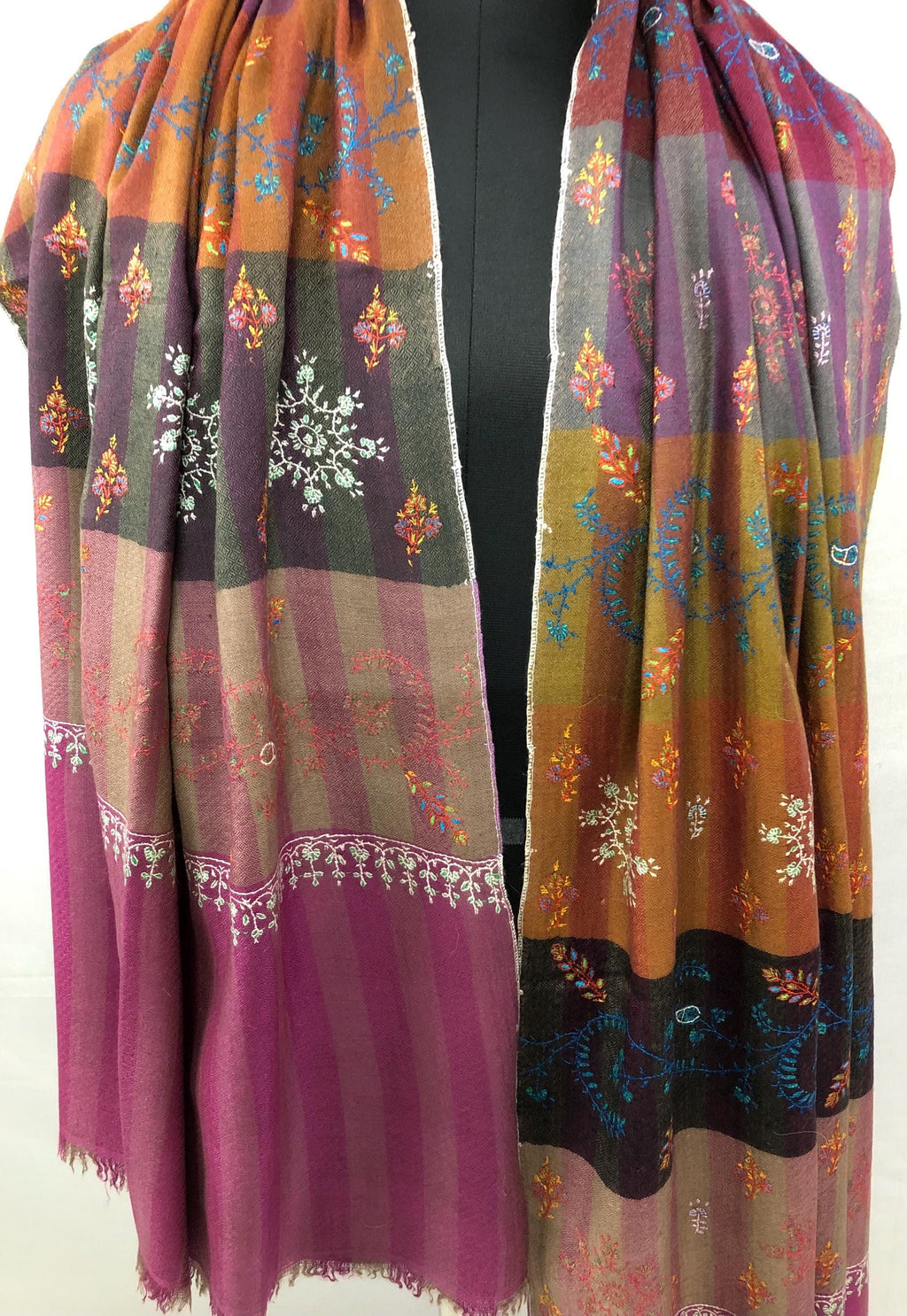 Multicoloured Handwoven Stripes with Multiple Microfine Embroidery Designs Real Cashmere Pashmina Stole - Mehraj Crafts 
