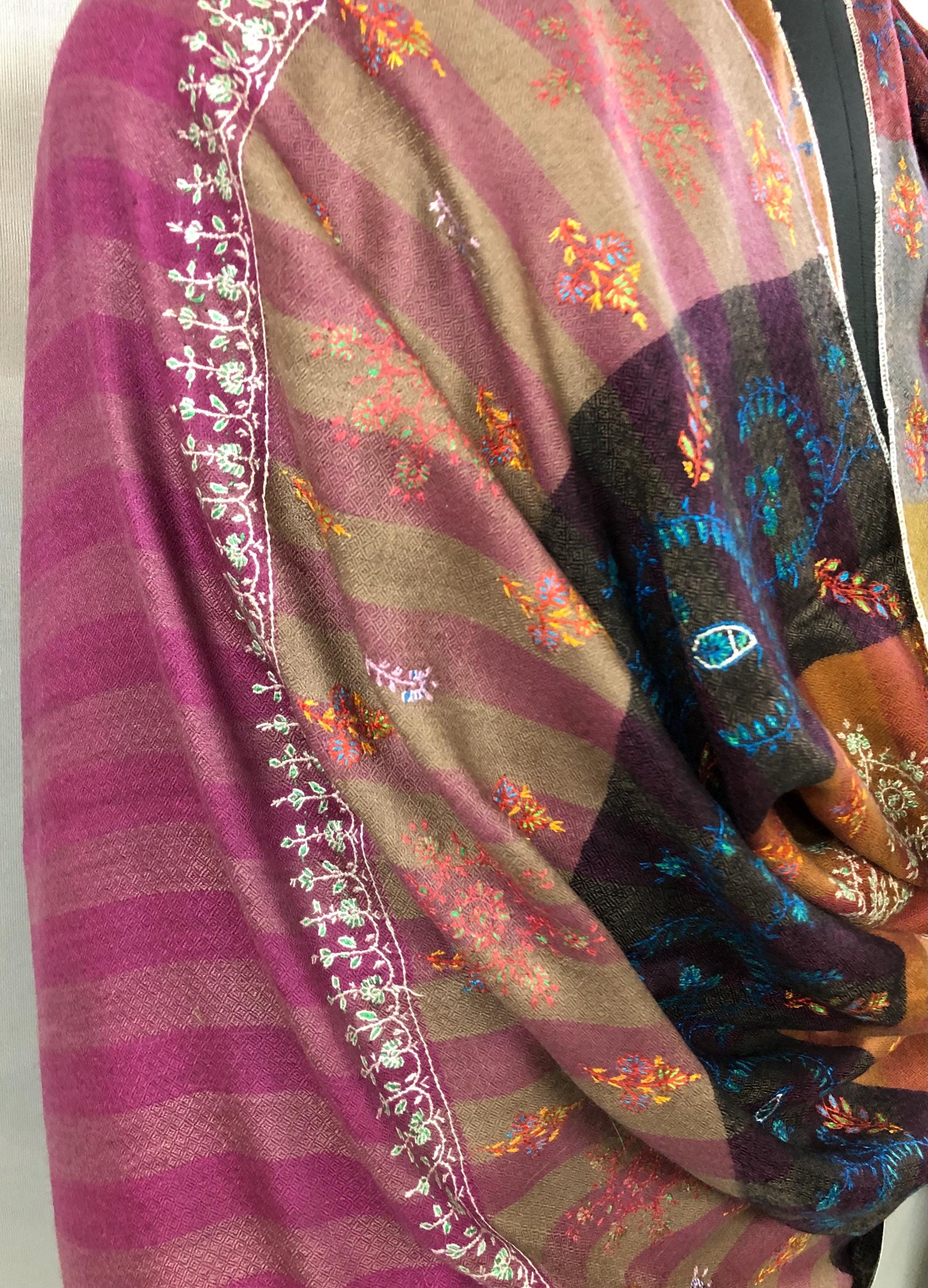 Multicoloured Handwoven Stripes with Multiple Microfine Embroidery Designs Real Cashmere Pashmina Stole - Mehraj Crafts 